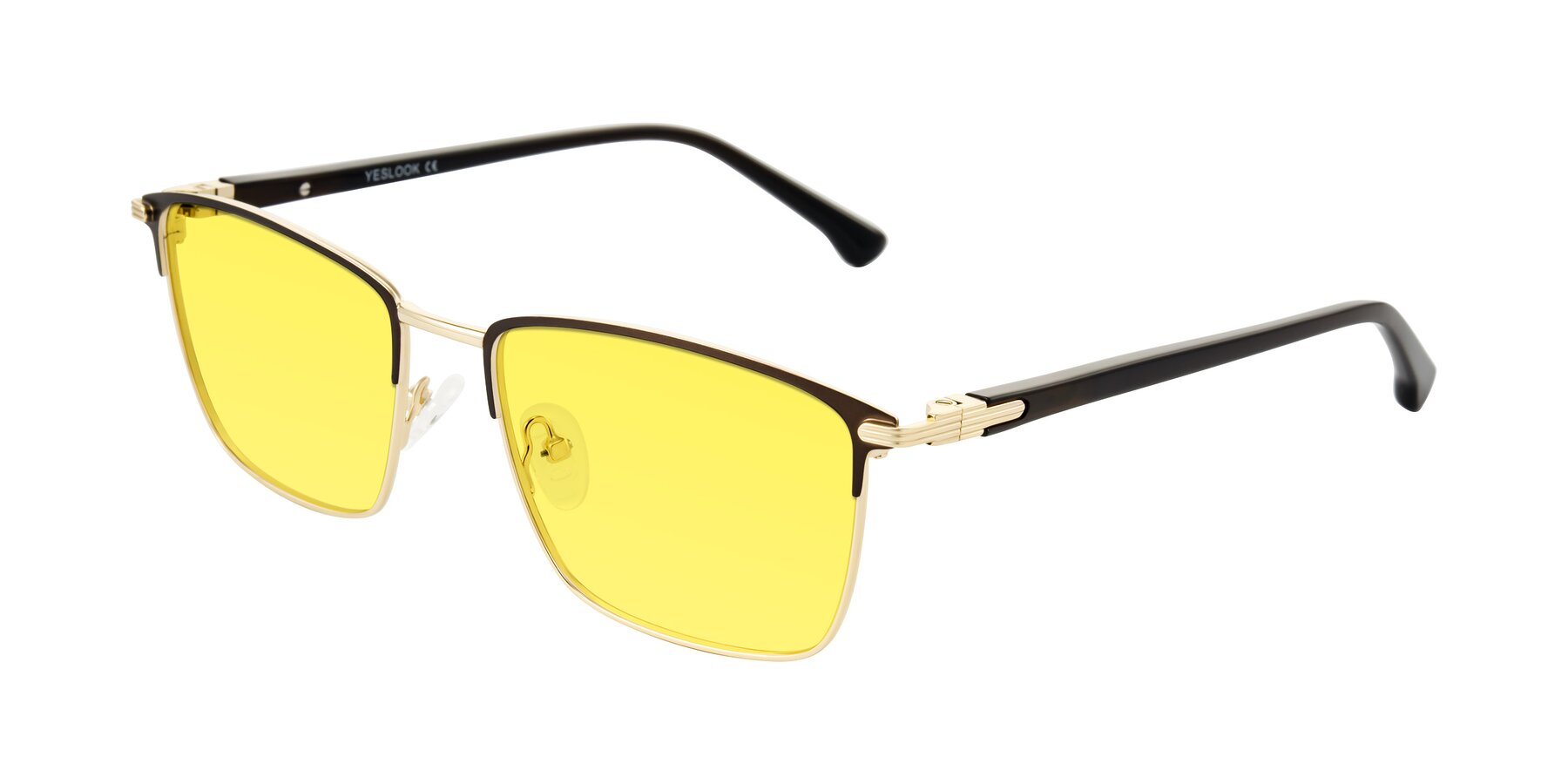 Angle of Casaku in Coffee/Gold with Medium Yellow Tinted Lenses