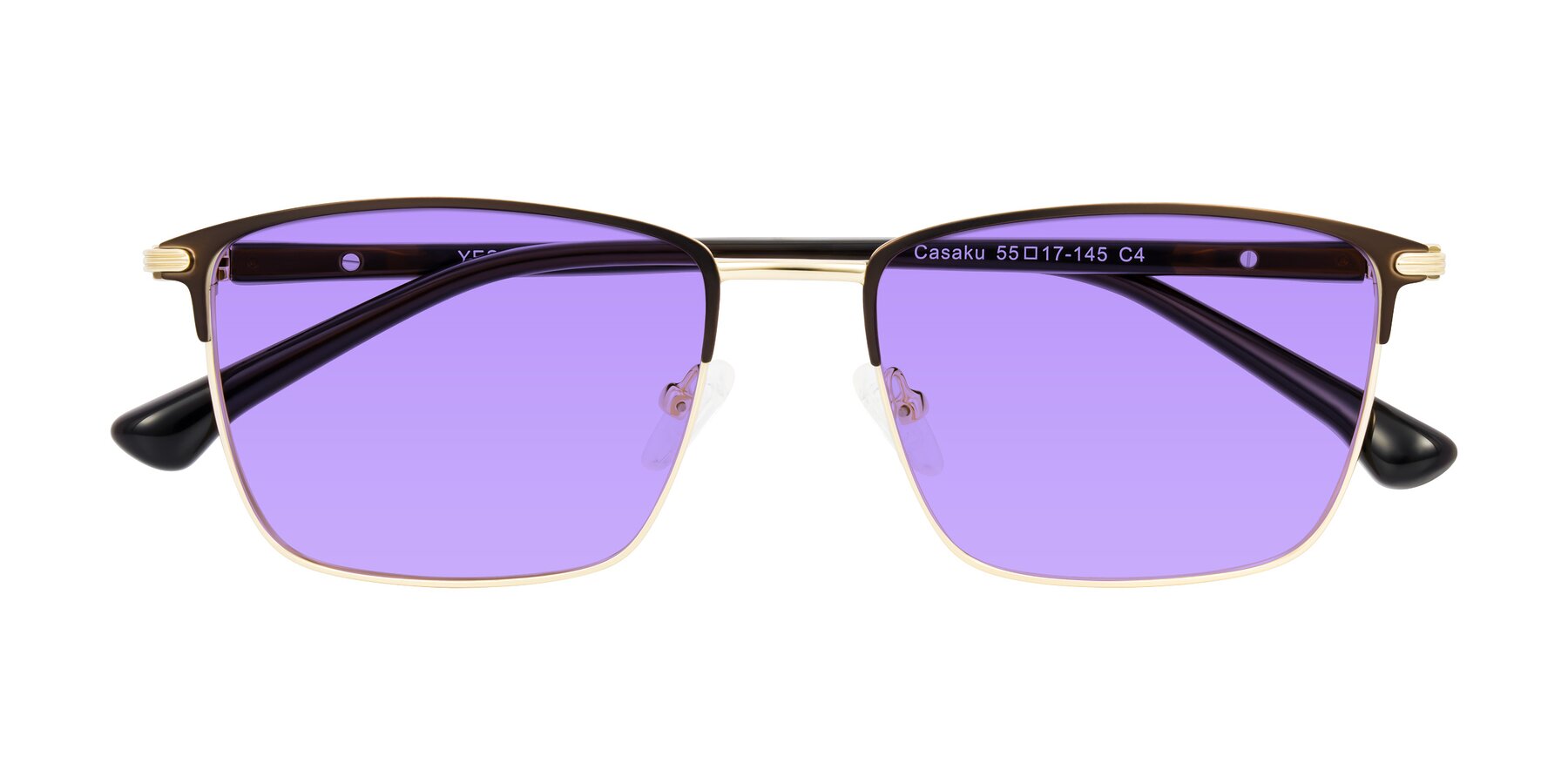 Folded Front of Casaku in Coffee/Gold with Medium Purple Tinted Lenses