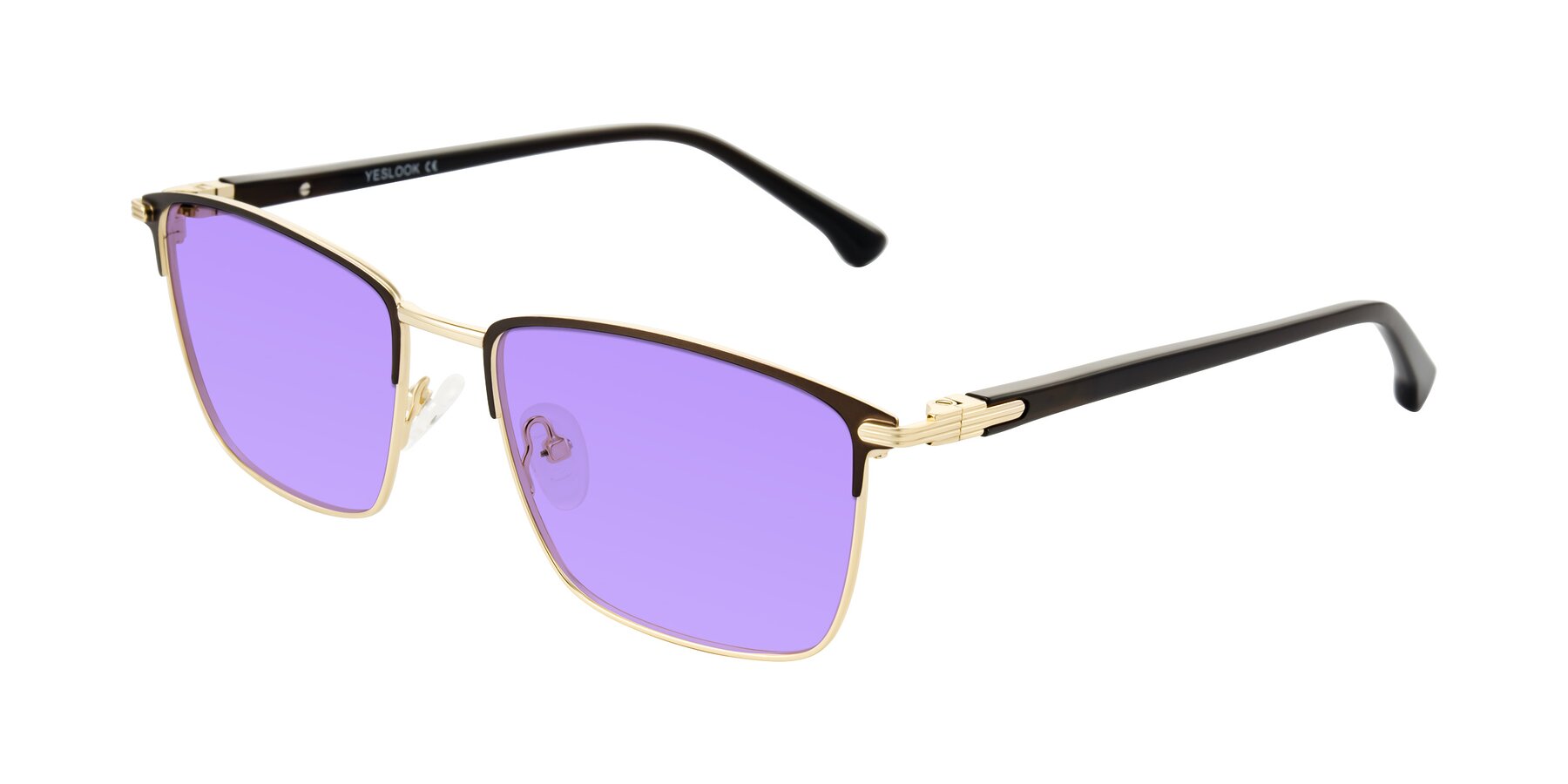 Angle of Casaku in Coffee/Gold with Medium Purple Tinted Lenses