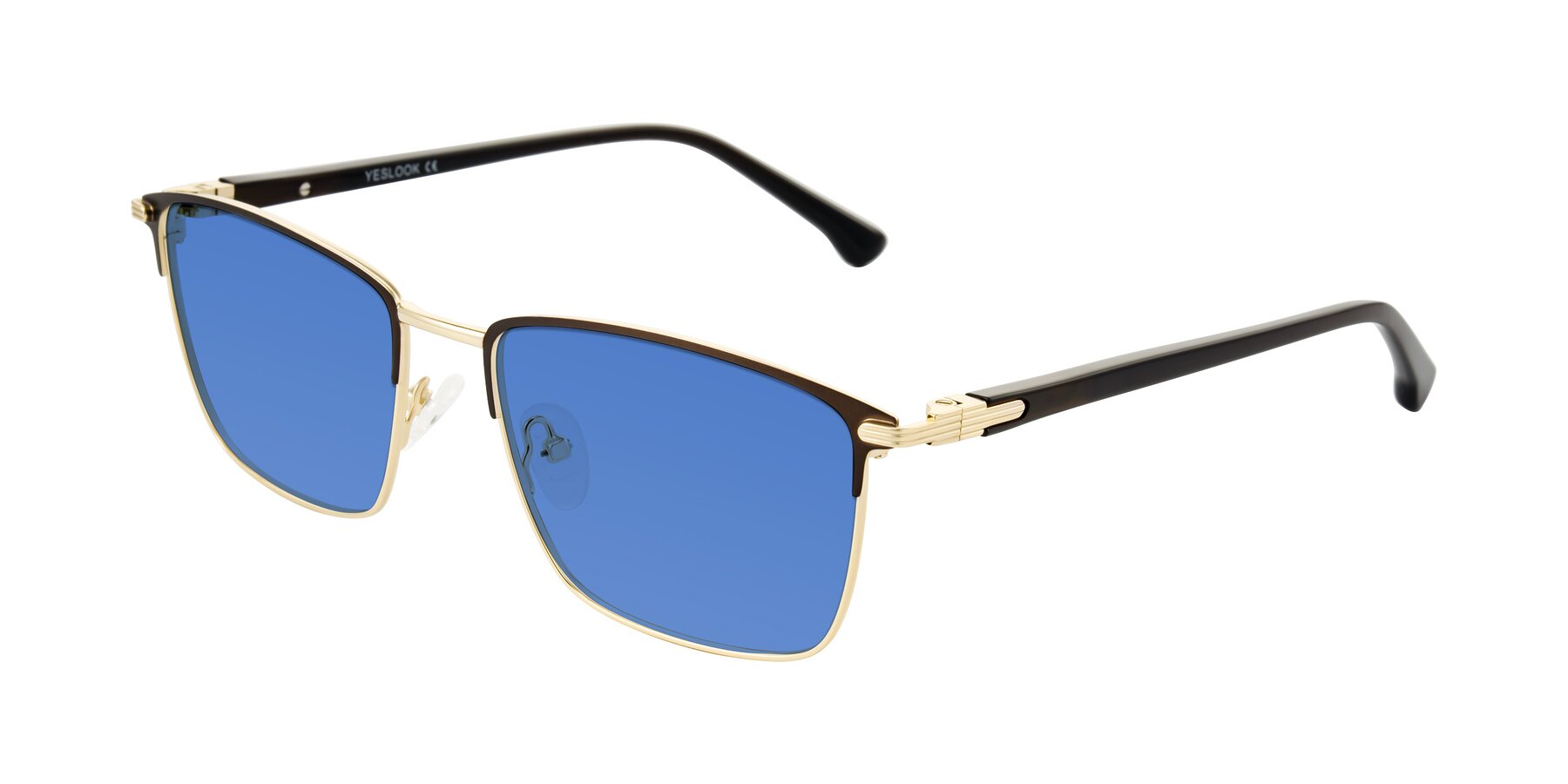 Angle of Casaku in Coffee/Gold with Blue Tinted Lenses