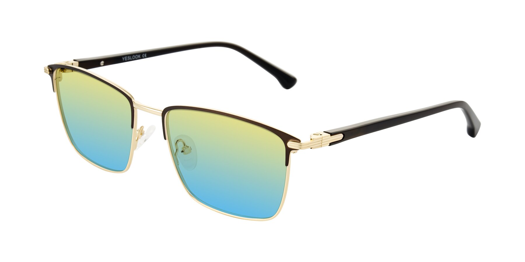 Angle of Casaku in Coffee/Gold with Yellow / Blue Gradient Lenses