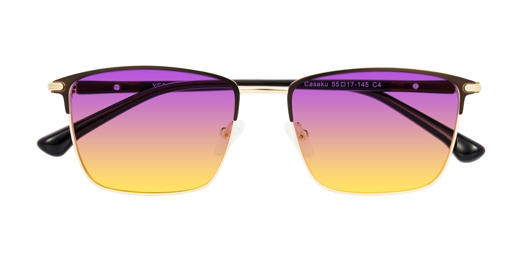 Folded Front of Casaku in Coffee/Gold with Purple / Yellow Gradient Lenses