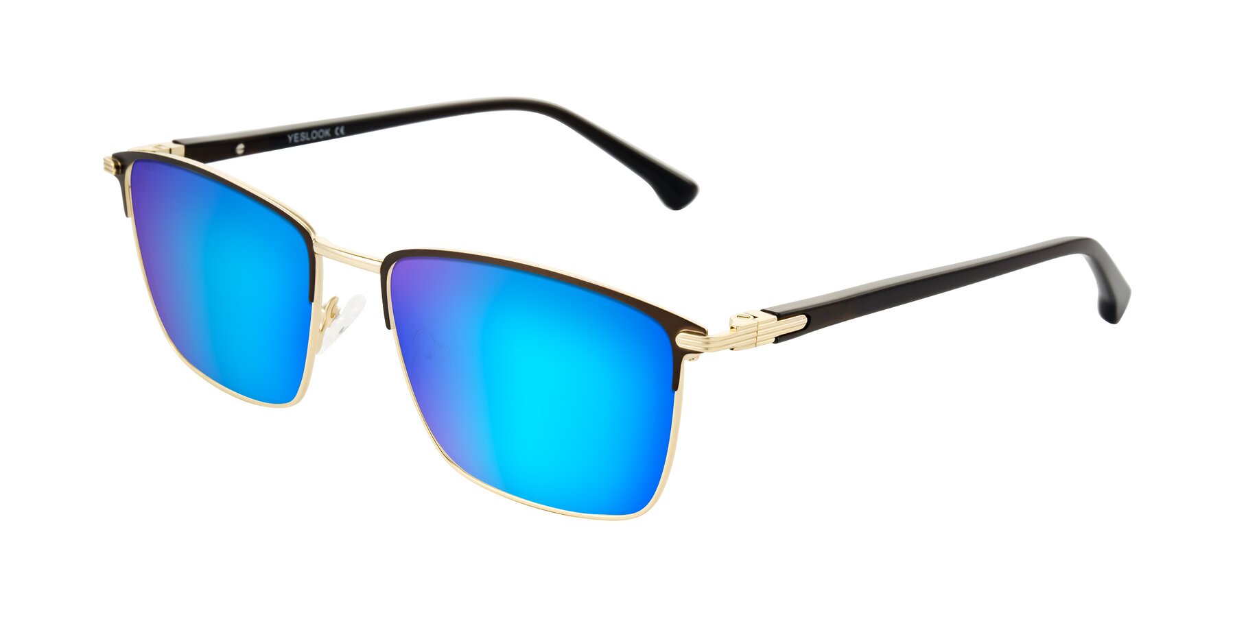Angle of Casaku in Coffee/Gold with Blue Mirrored Lenses
