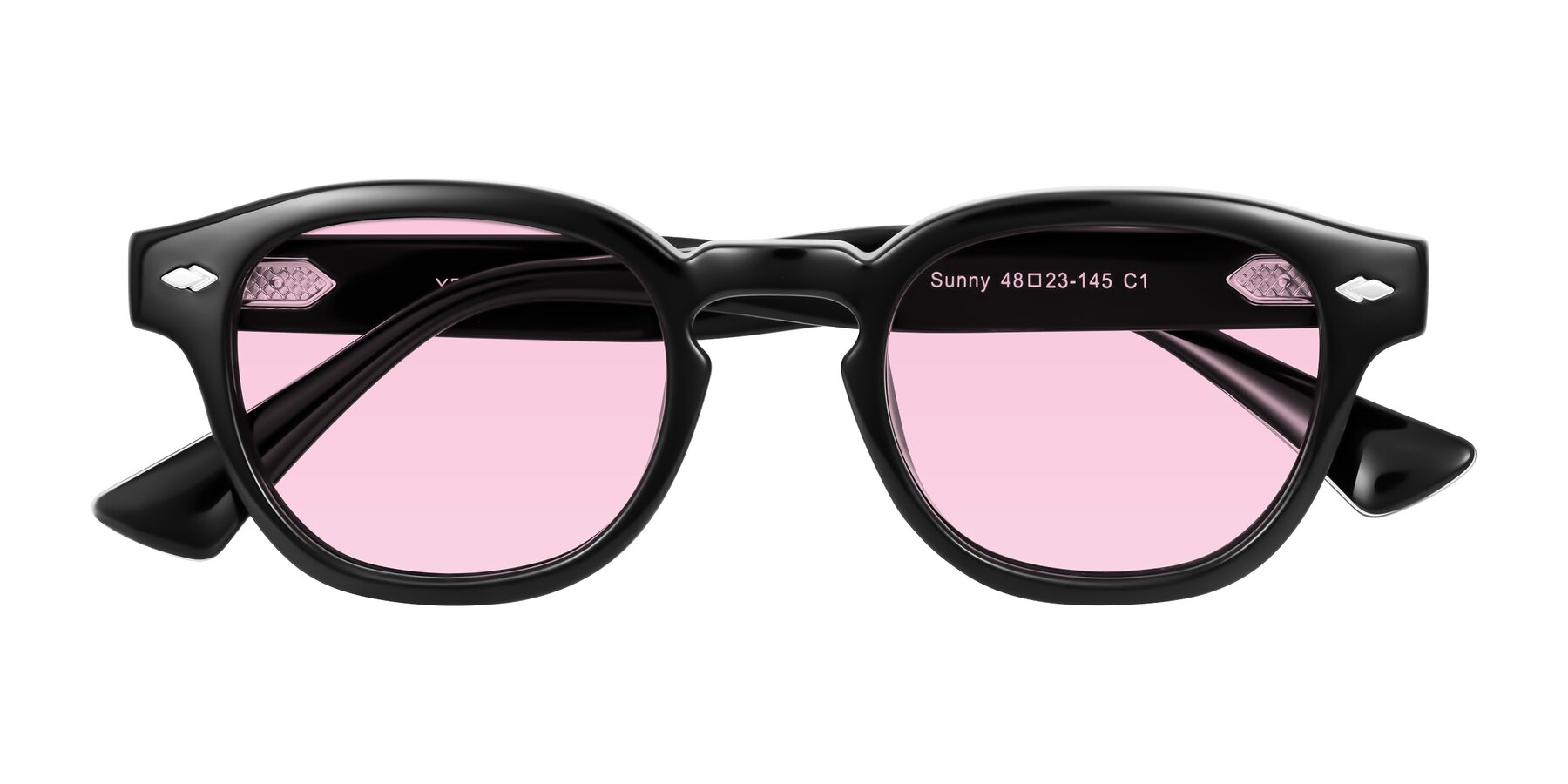 Folded Front of Sunny in Black with Light Pink Tinted Lenses