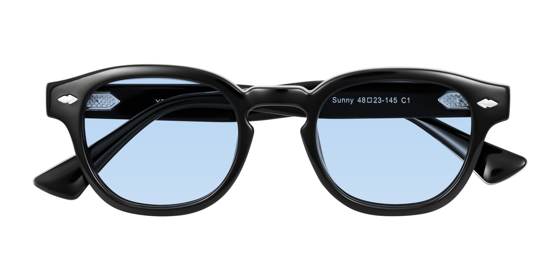 Folded Front of Sunny in Black with Light Blue Tinted Lenses