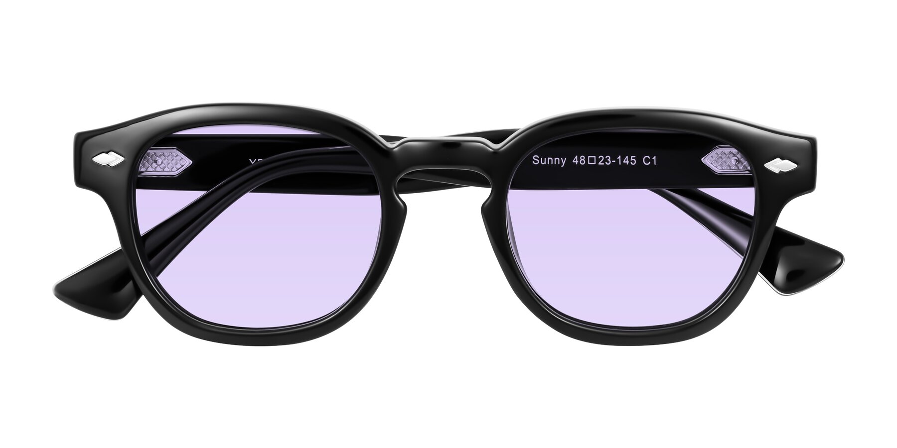 Folded Front of Sunny in Black with Light Purple Tinted Lenses