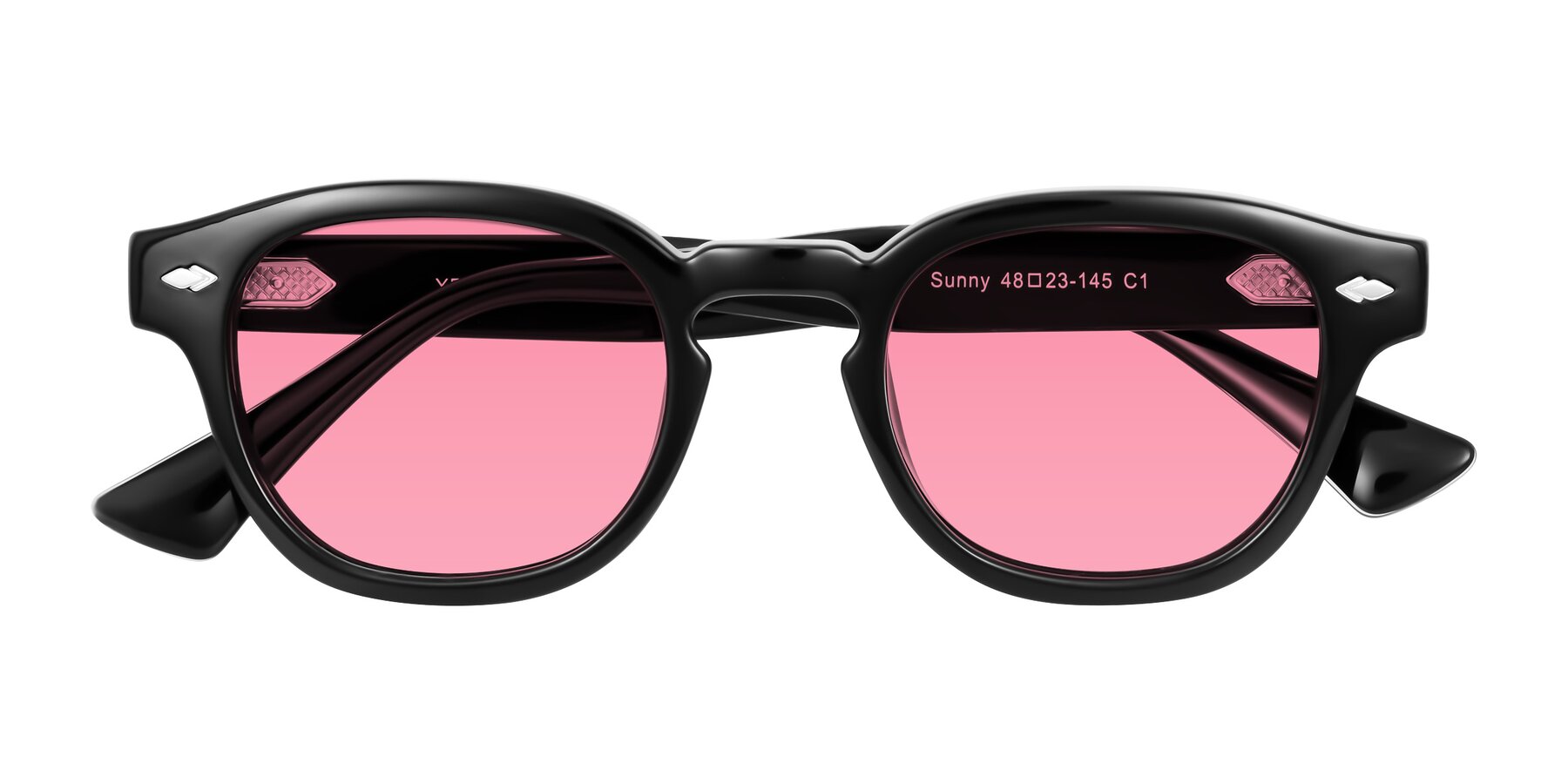 Folded Front of Sunny in Black with Pink Tinted Lenses
