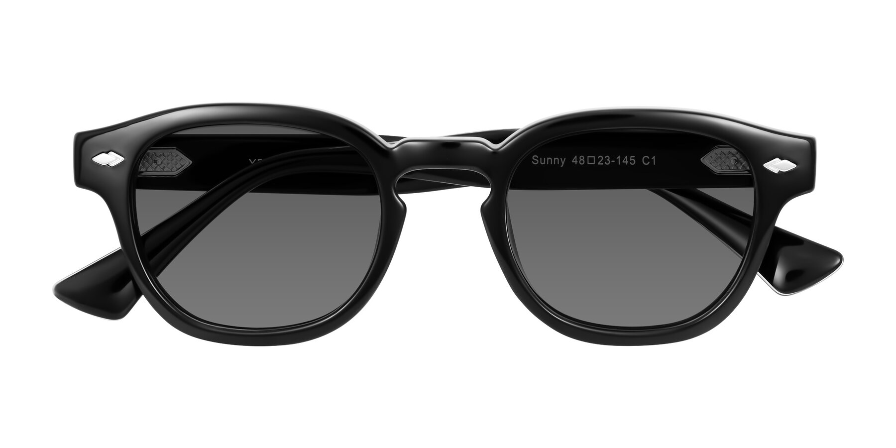 Folded Front of Sunny in Black with Medium Gray Tinted Lenses