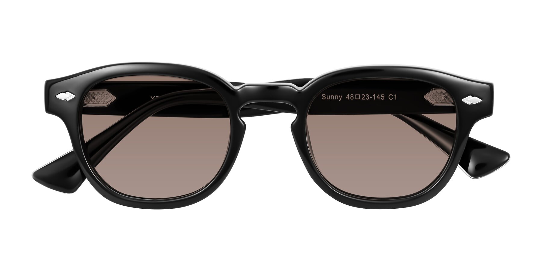 Folded Front of Sunny in Black with Medium Brown Tinted Lenses