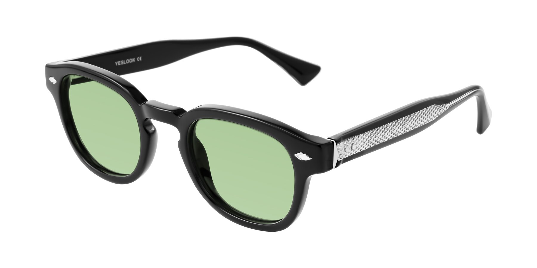 Angle of Sunny in Black with Medium Green Tinted Lenses