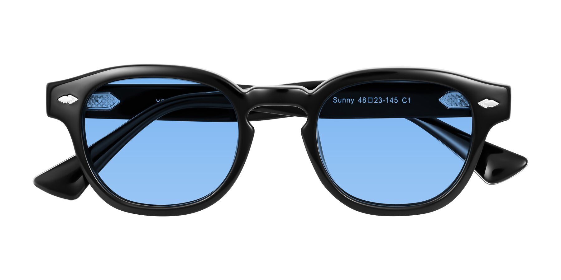 Folded Front of Sunny in Black with Medium Blue Tinted Lenses