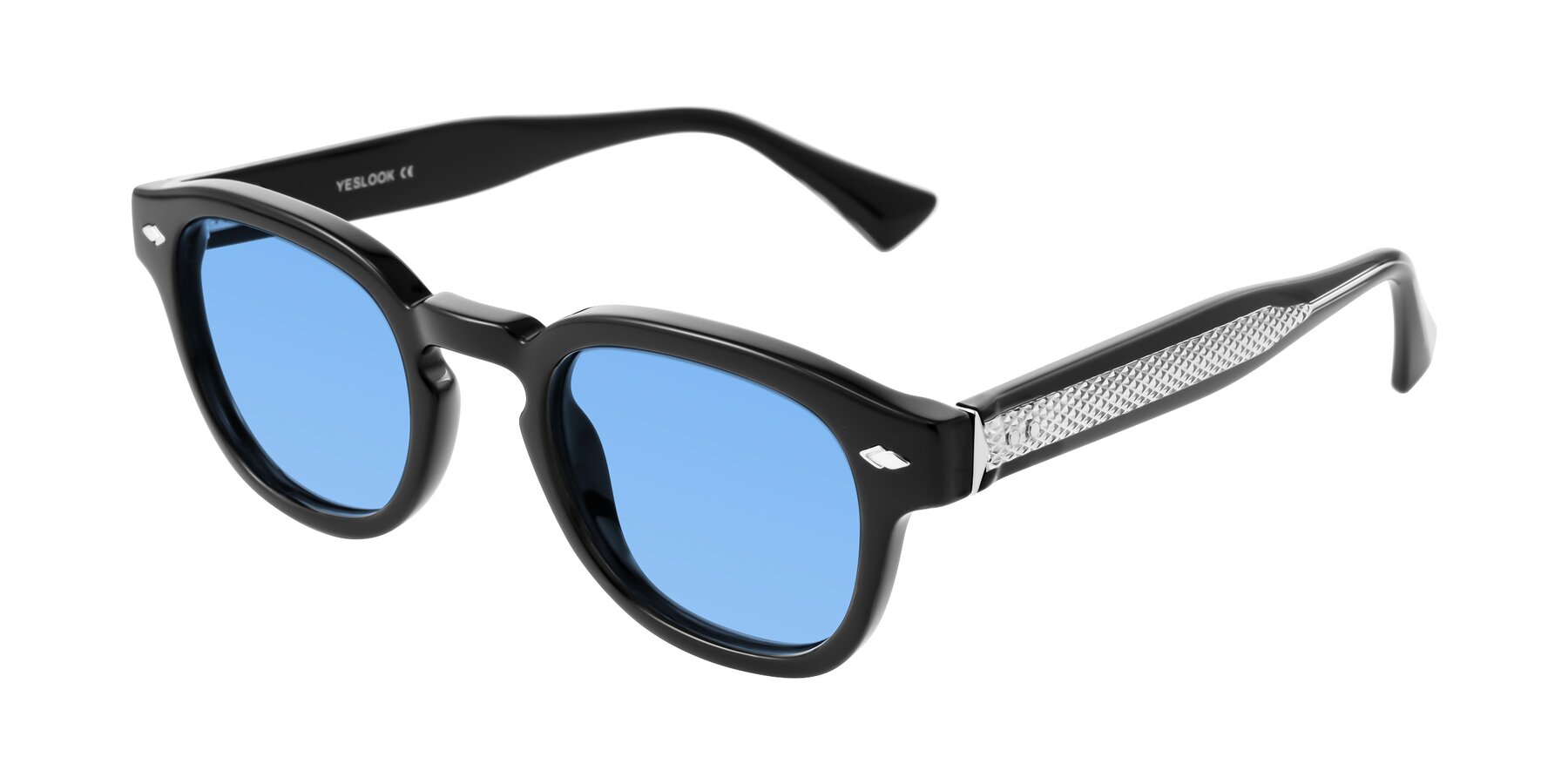 Angle of Sunny in Black with Medium Blue Tinted Lenses
