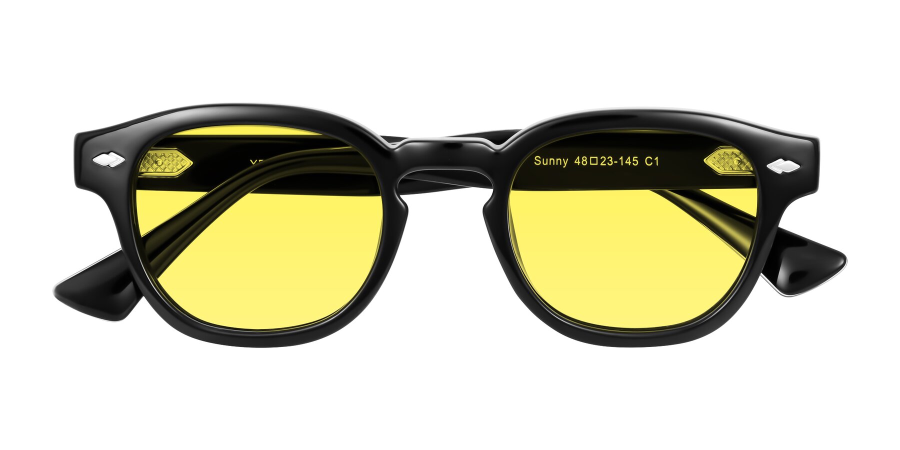 Folded Front of Sunny in Black with Medium Yellow Tinted Lenses