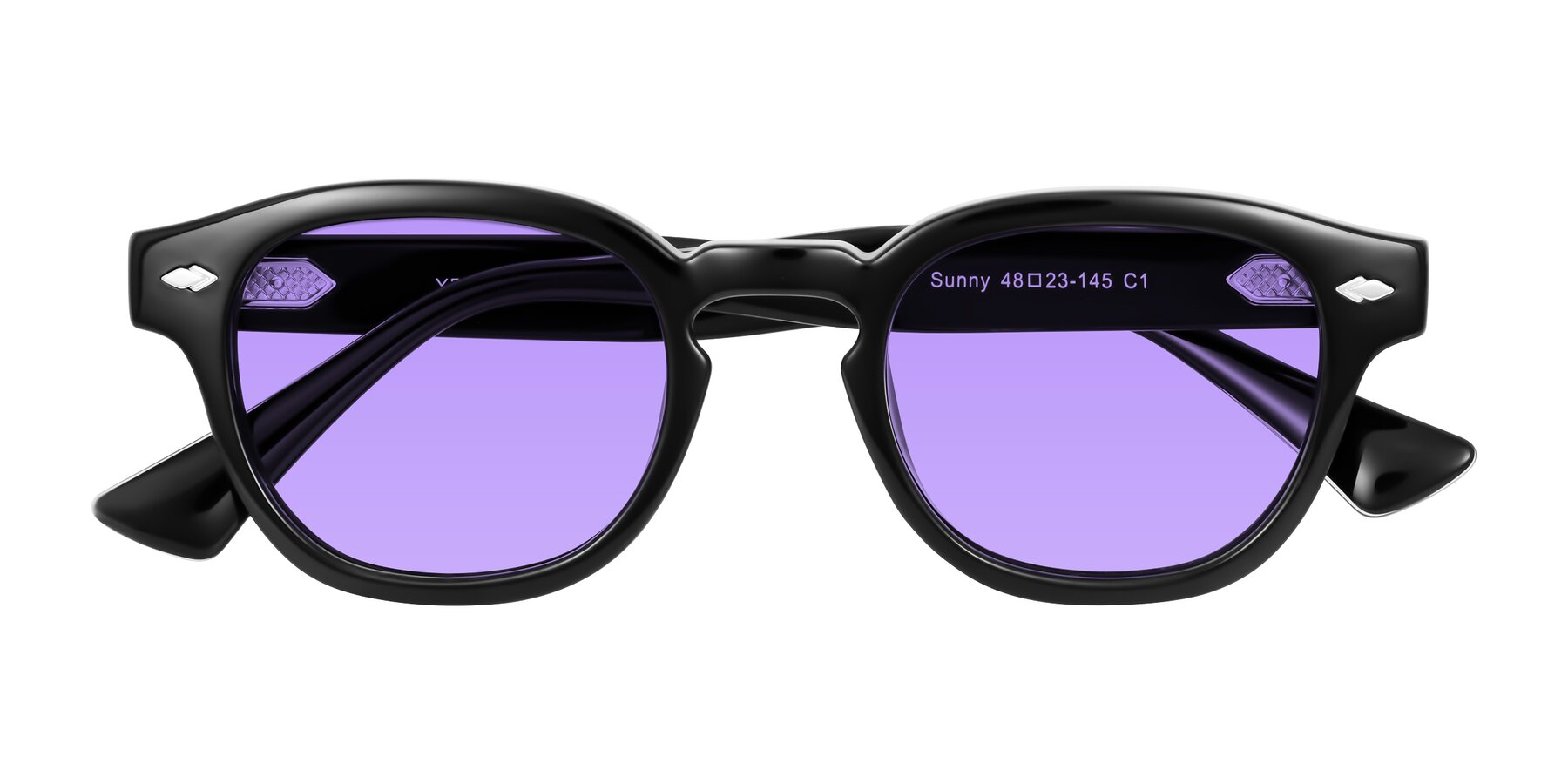 Folded Front of Sunny in Black with Medium Purple Tinted Lenses