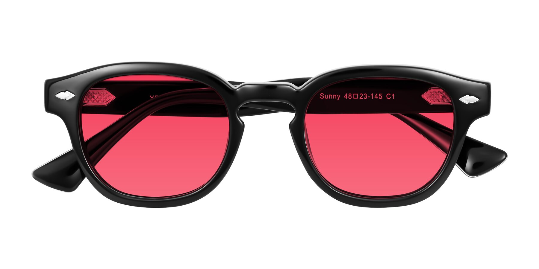 Folded Front of Sunny in Black with Red Tinted Lenses
