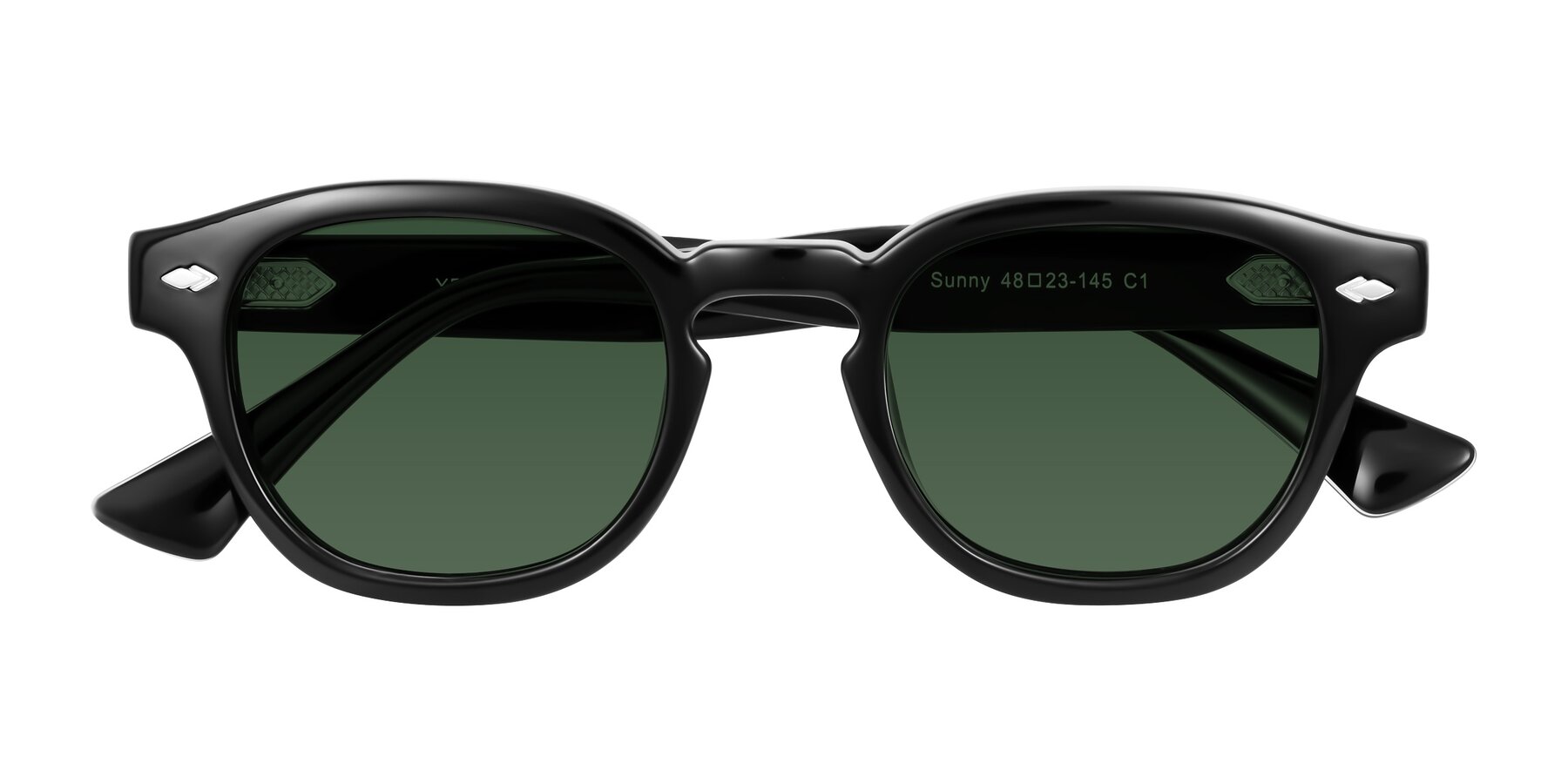 Folded Front of Sunny in Black with Green Tinted Lenses