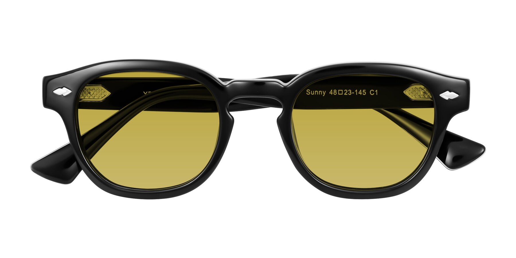 Folded Front of Sunny in Black with Champagne Tinted Lenses