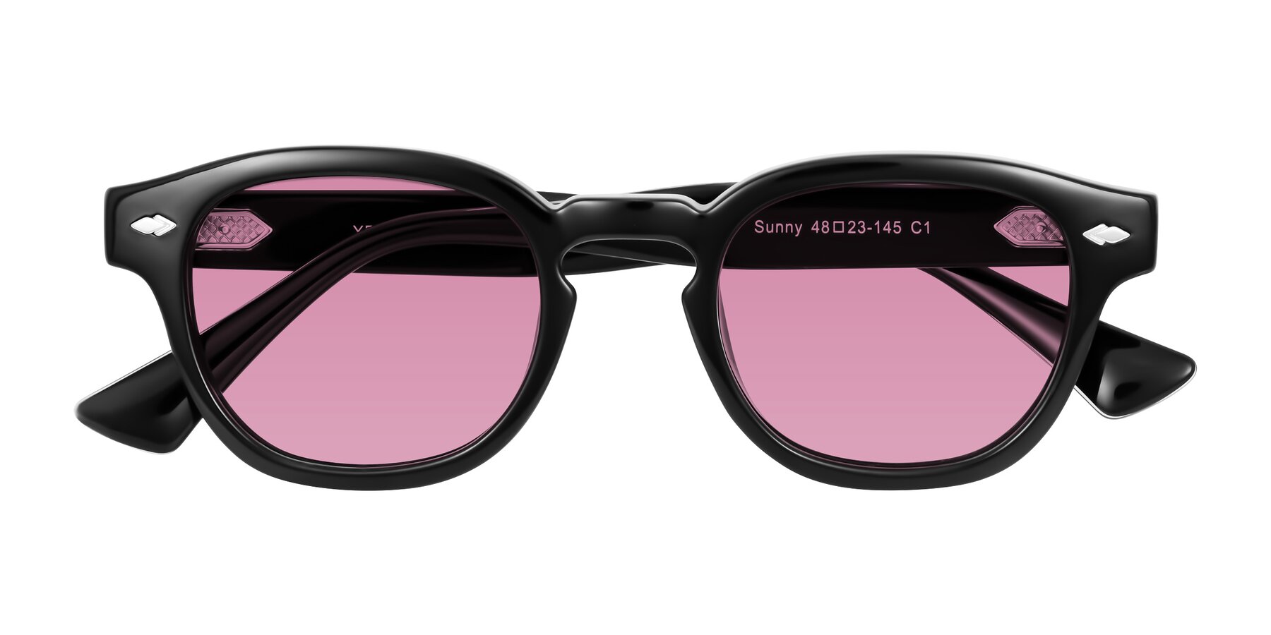 Folded Front of Sunny in Black with Medium Wine Tinted Lenses
