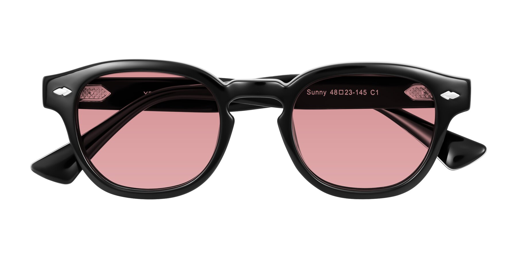 Folded Front of Sunny in Black with Medium Garnet Tinted Lenses