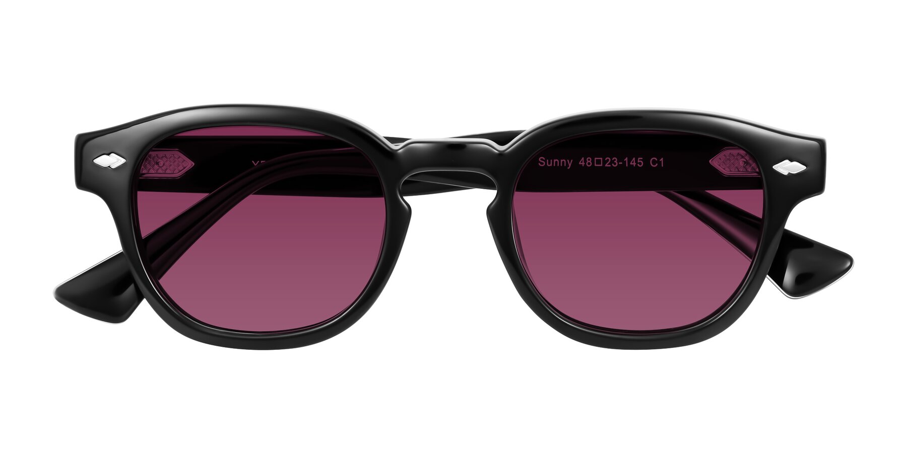 Folded Front of Sunny in Black with Wine Tinted Lenses