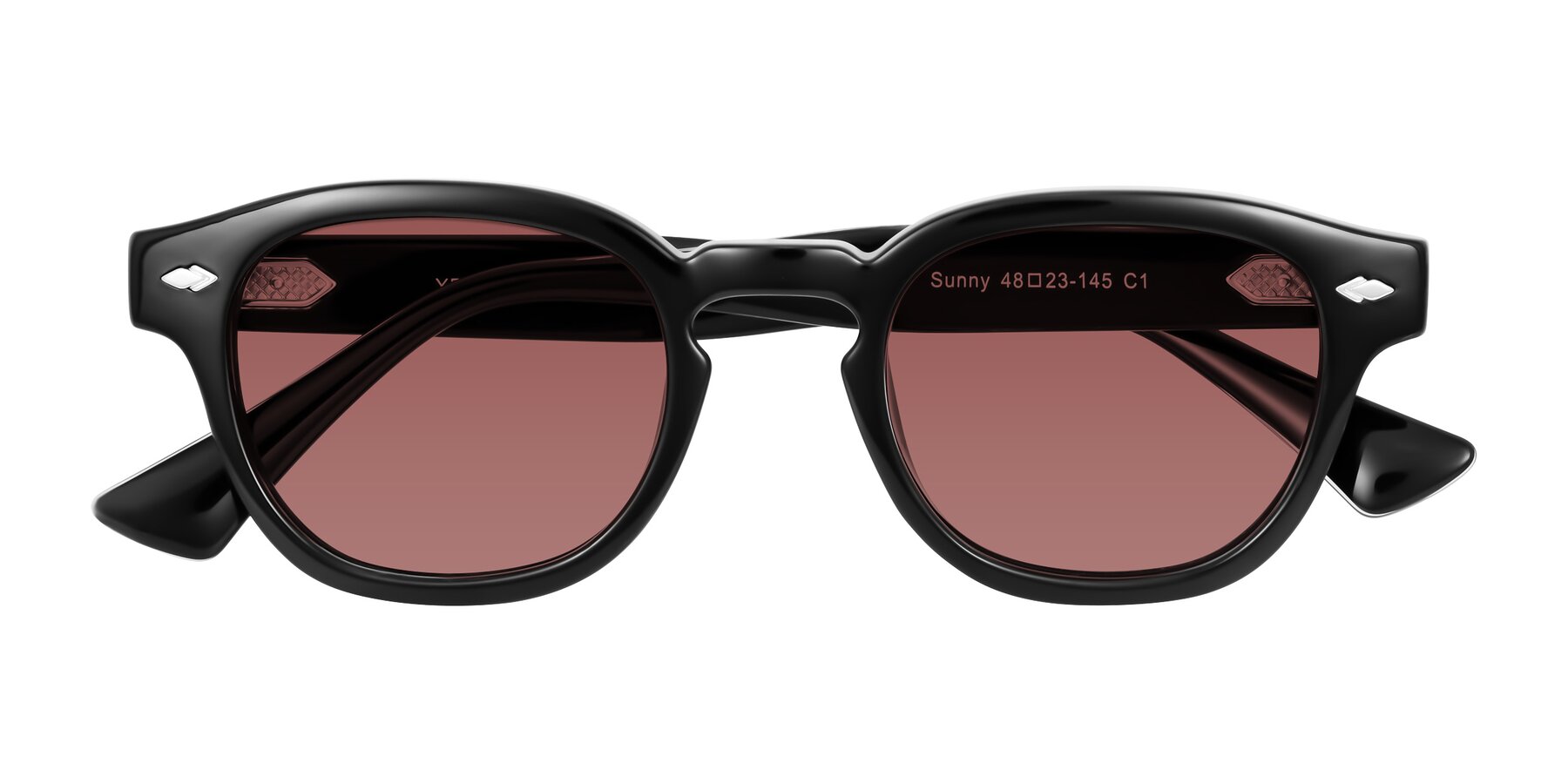 Folded Front of Sunny in Black with Garnet Tinted Lenses