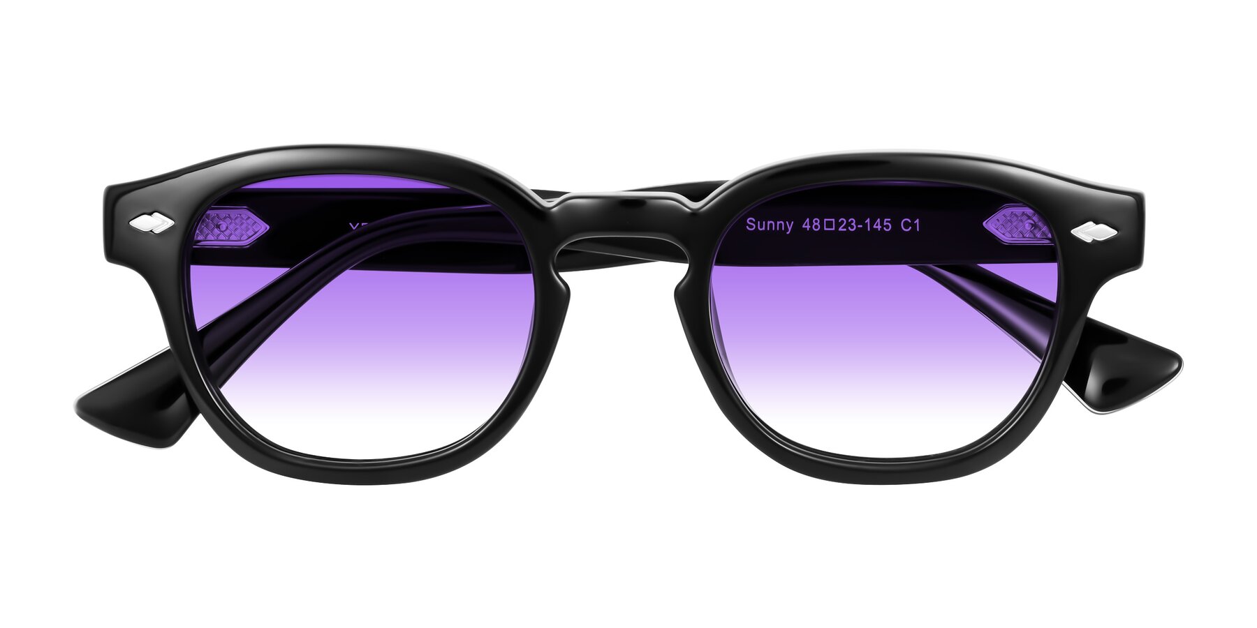 Folded Front of Sunny in Black with Purple Gradient Lenses