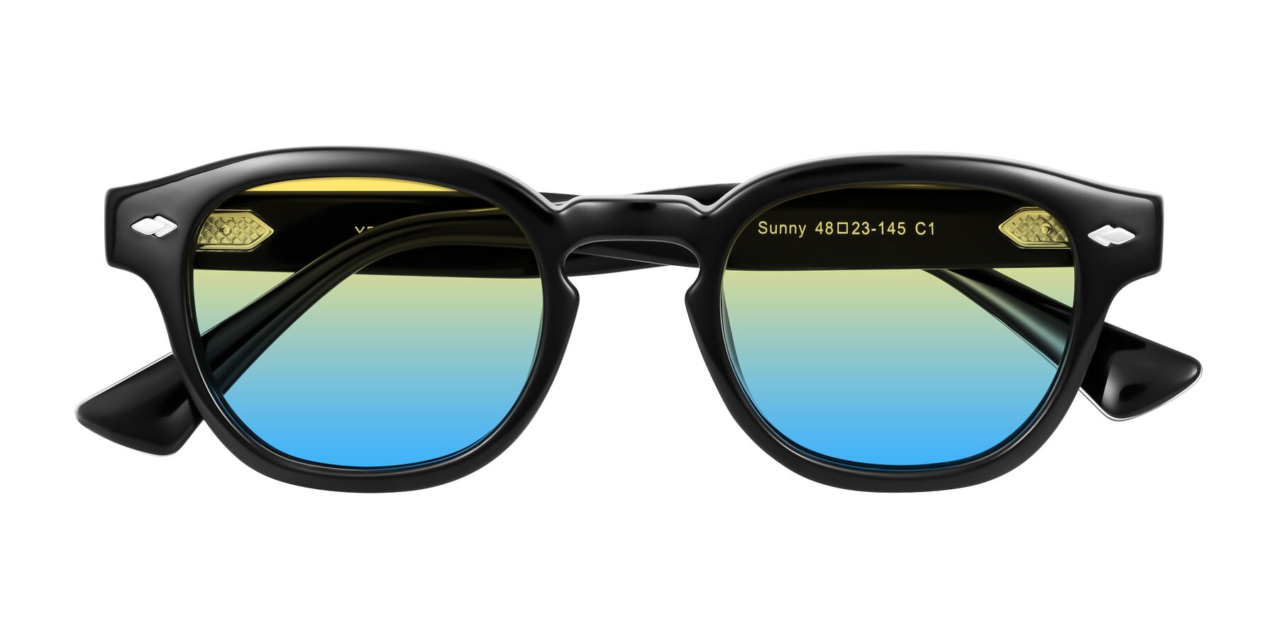 Folded Front of Sunny in Black with Yellow / Blue Gradient Lenses