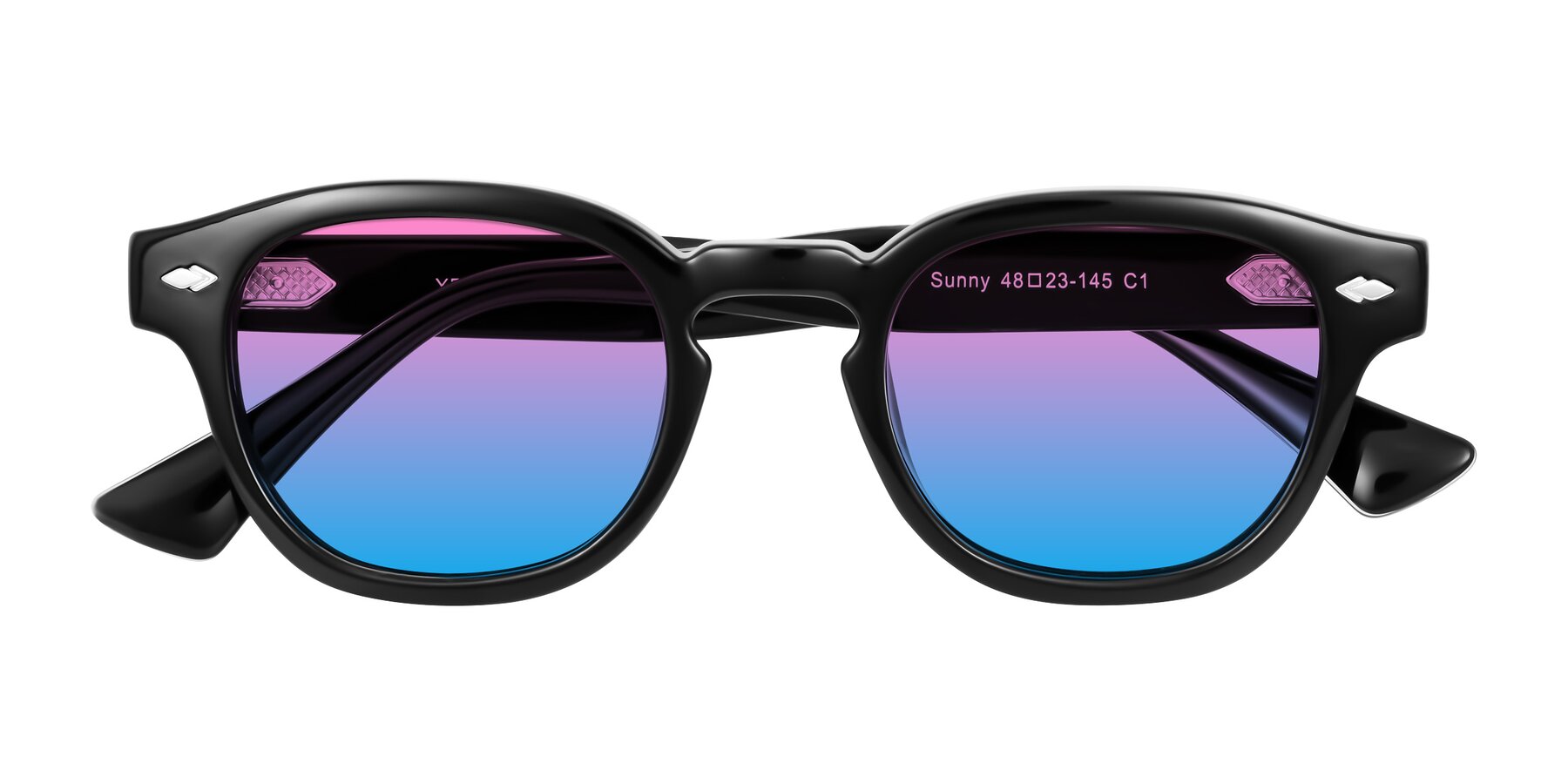 Folded Front of Sunny in Black with Pink / Blue Gradient Lenses