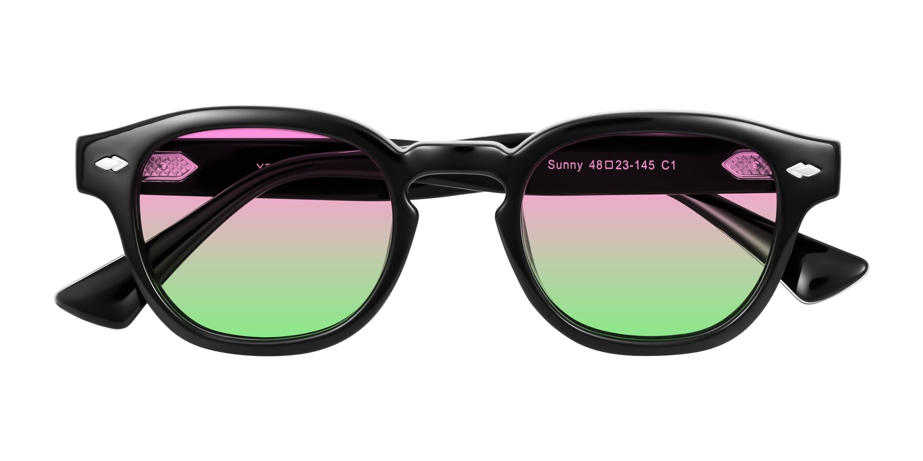 Folded Front of Sunny in Black with Pink / Green Gradient Lenses
