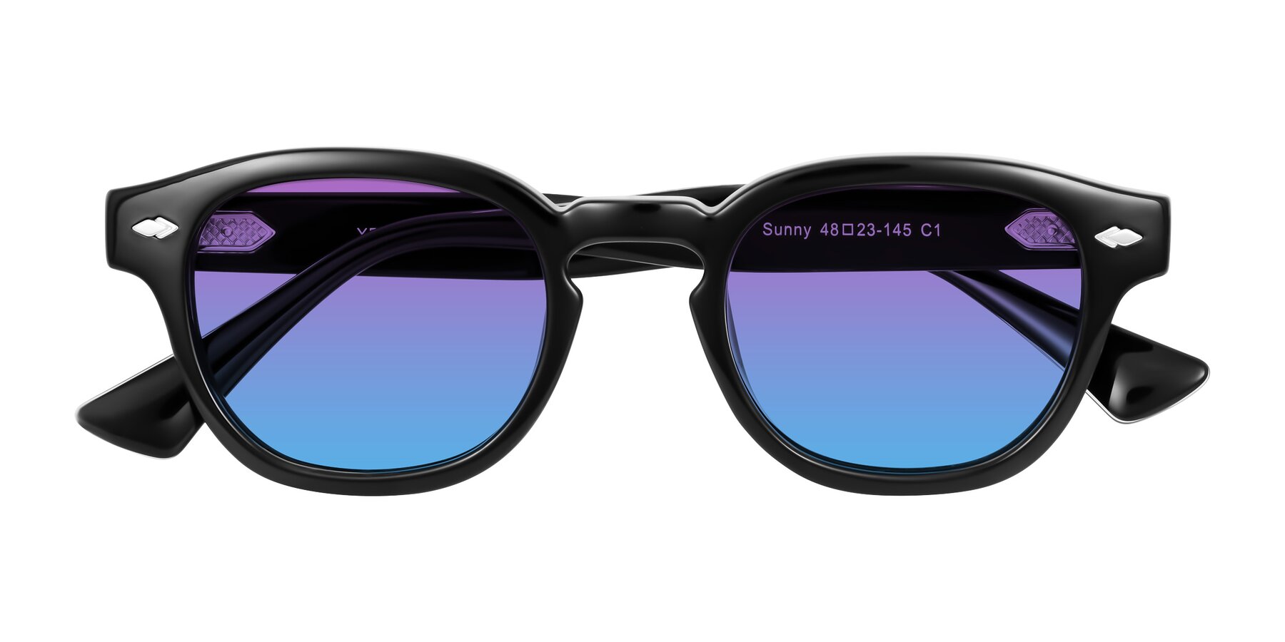 Folded Front of Sunny in Black with Purple / Blue Gradient Lenses