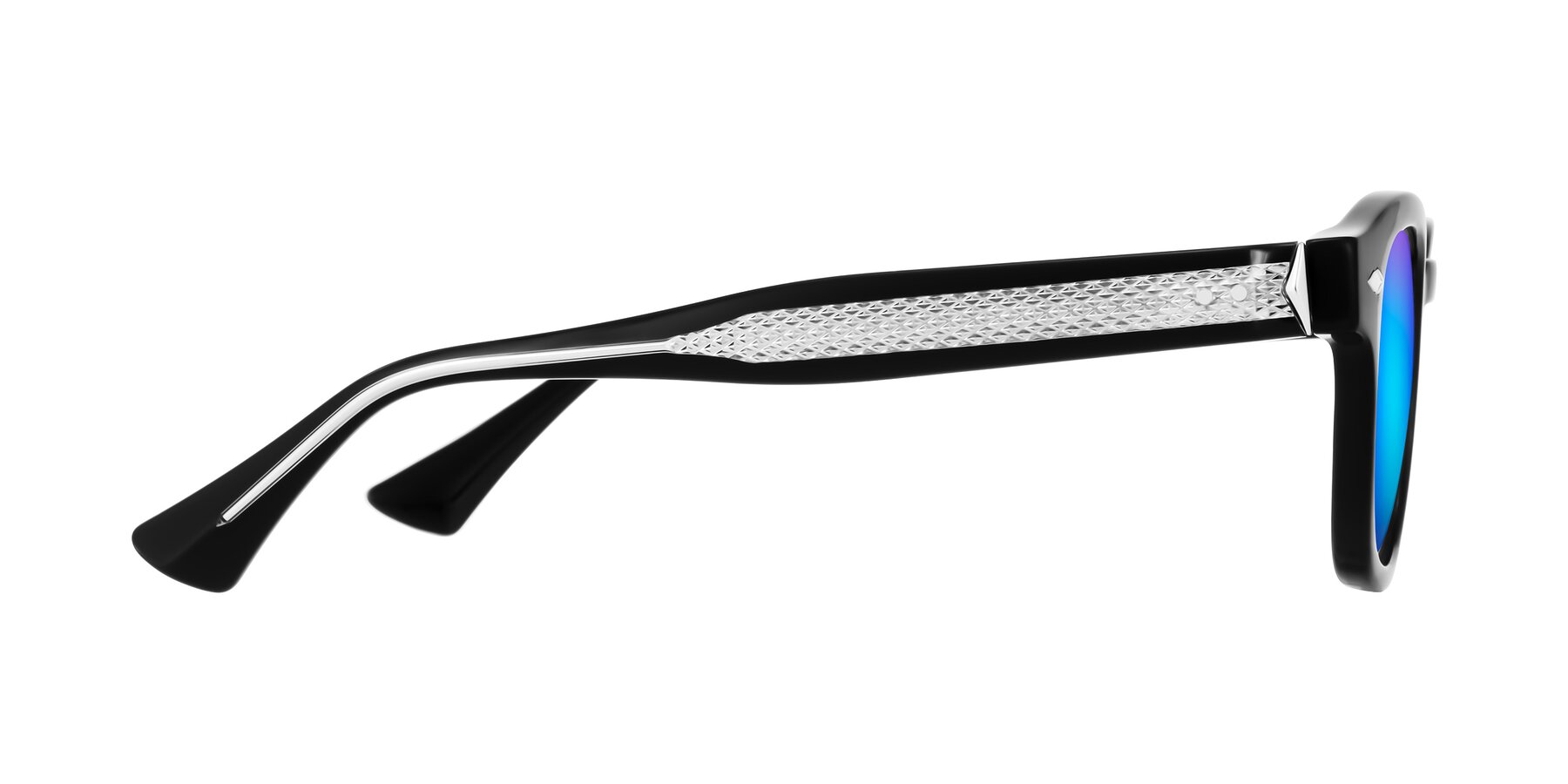 Side of Sunny in Black with Blue Mirrored Lenses