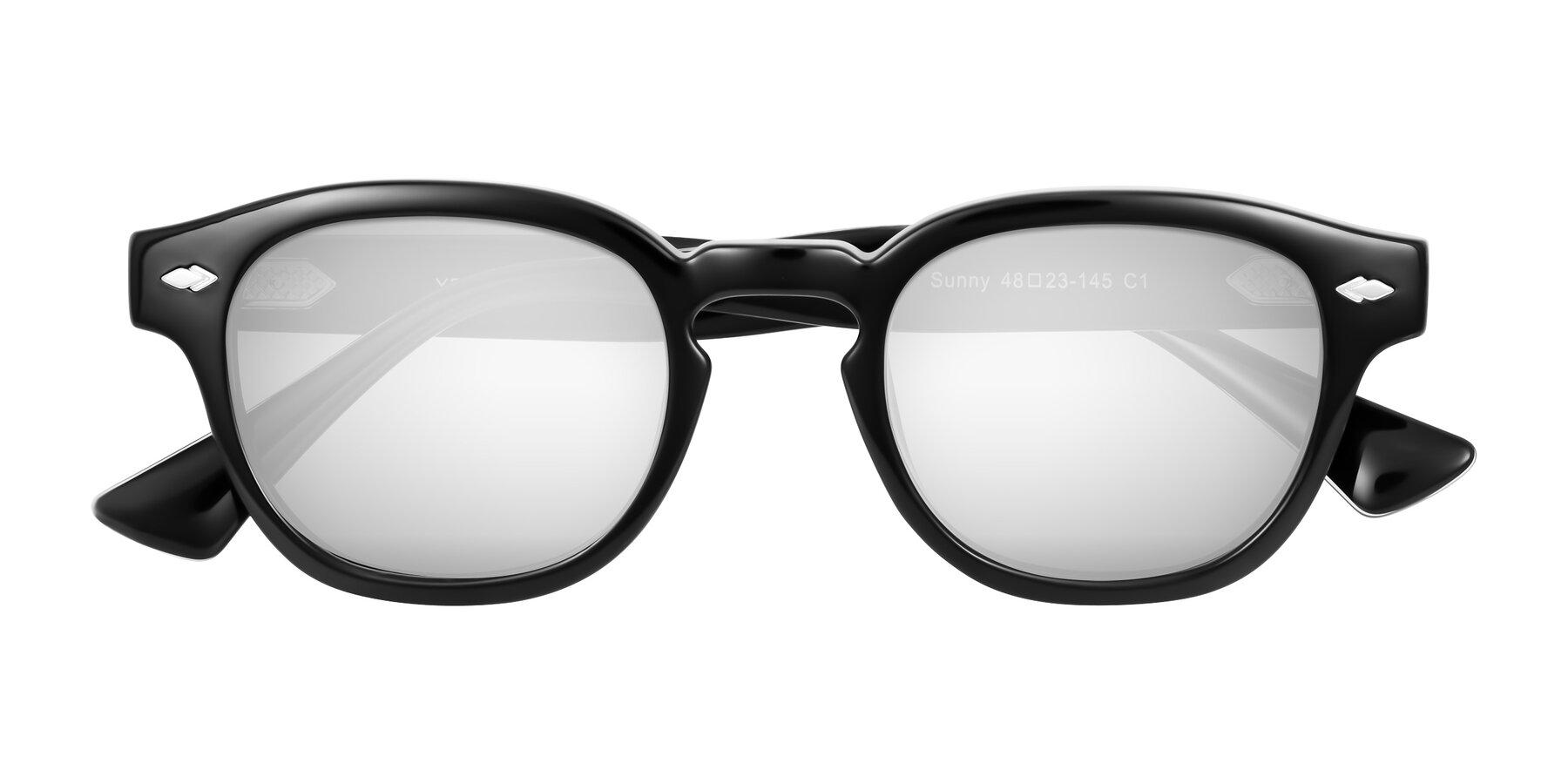 Folded Front of Sunny in Black with Silver Mirrored Lenses
