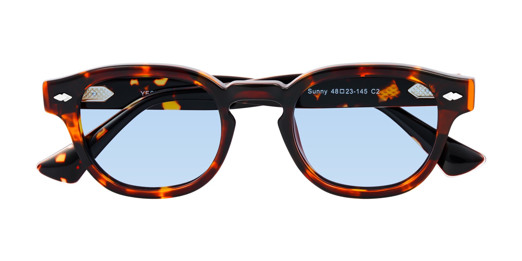 Folded Front of Sunny in Tortoise with Light Blue Tinted Lenses