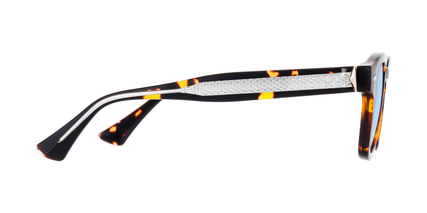 Side of Sunny in Tortoise with Light Blue Tinted Lenses