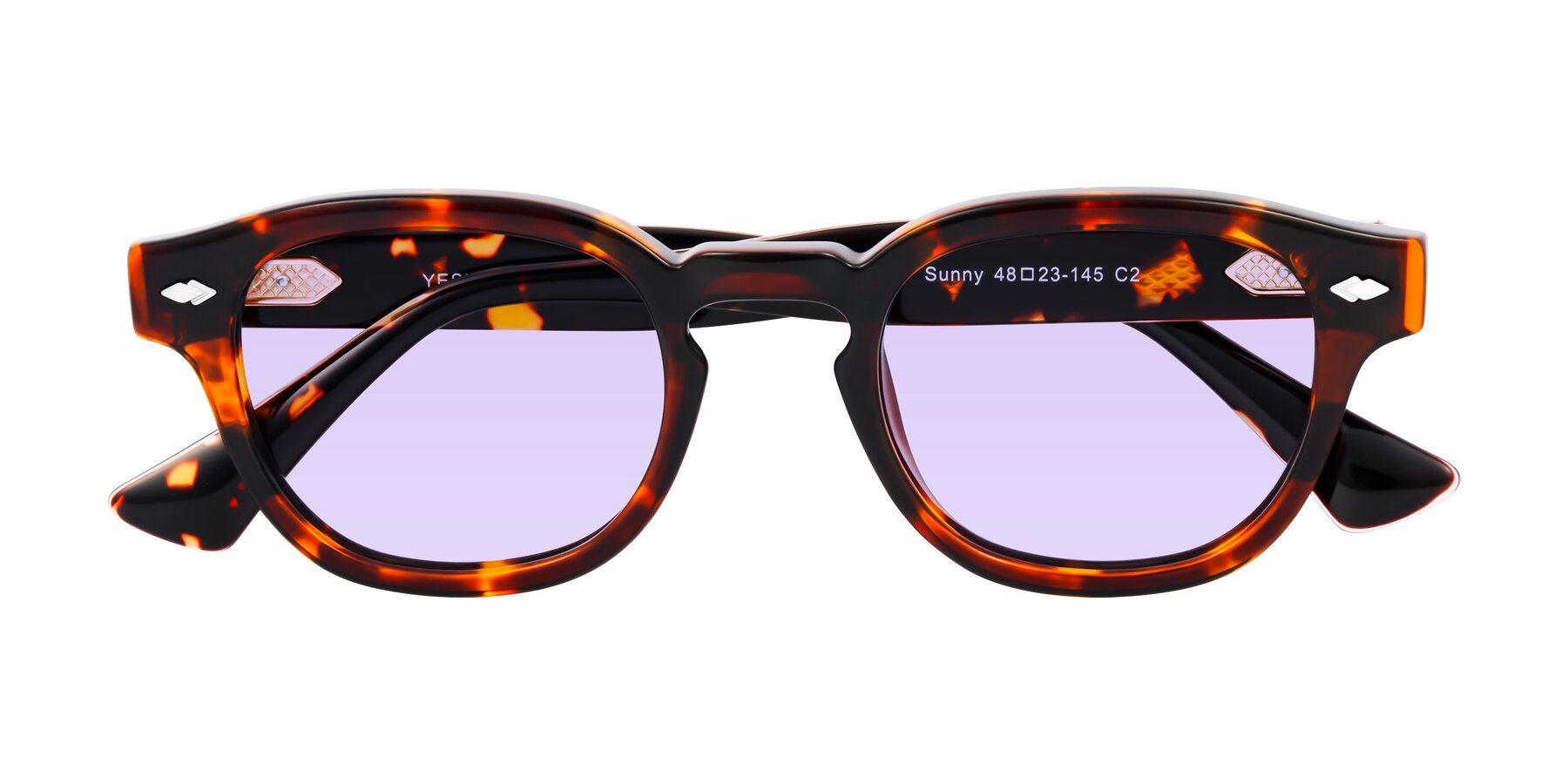 Folded Front of Sunny in Tortoise with Light Purple Tinted Lenses