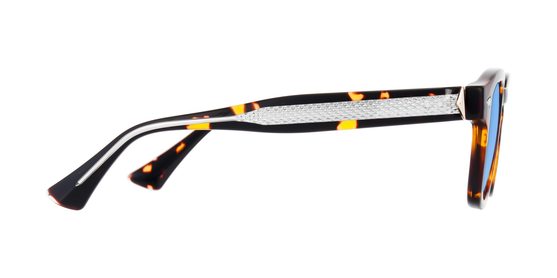 Side of Sunny in Tortoise with Medium Blue Tinted Lenses