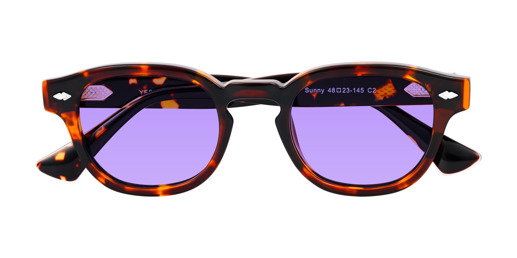 Folded Front of Sunny in Tortoise with Medium Purple Tinted Lenses
