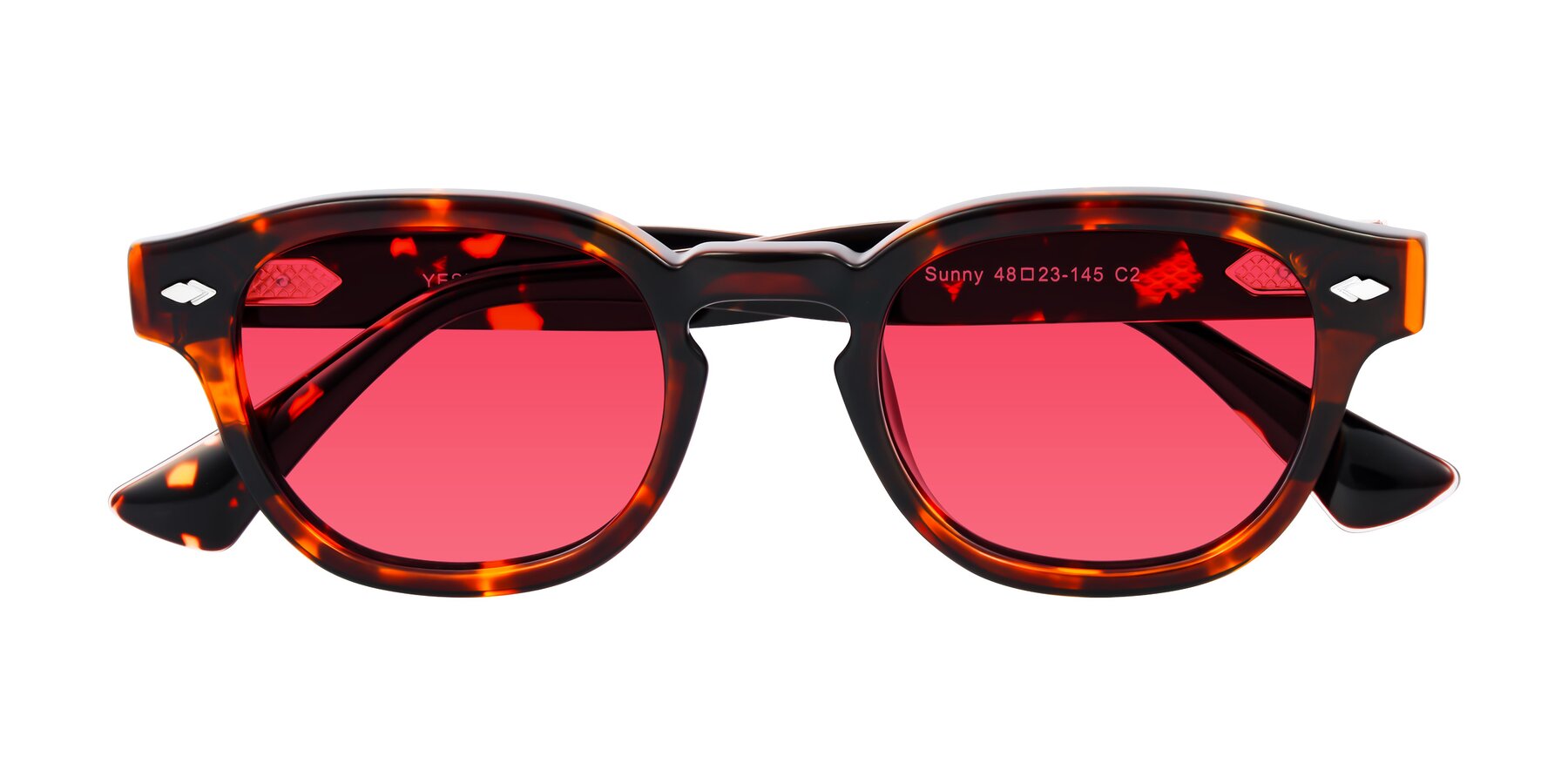 Folded Front of Sunny in Tortoise with Red Tinted Lenses