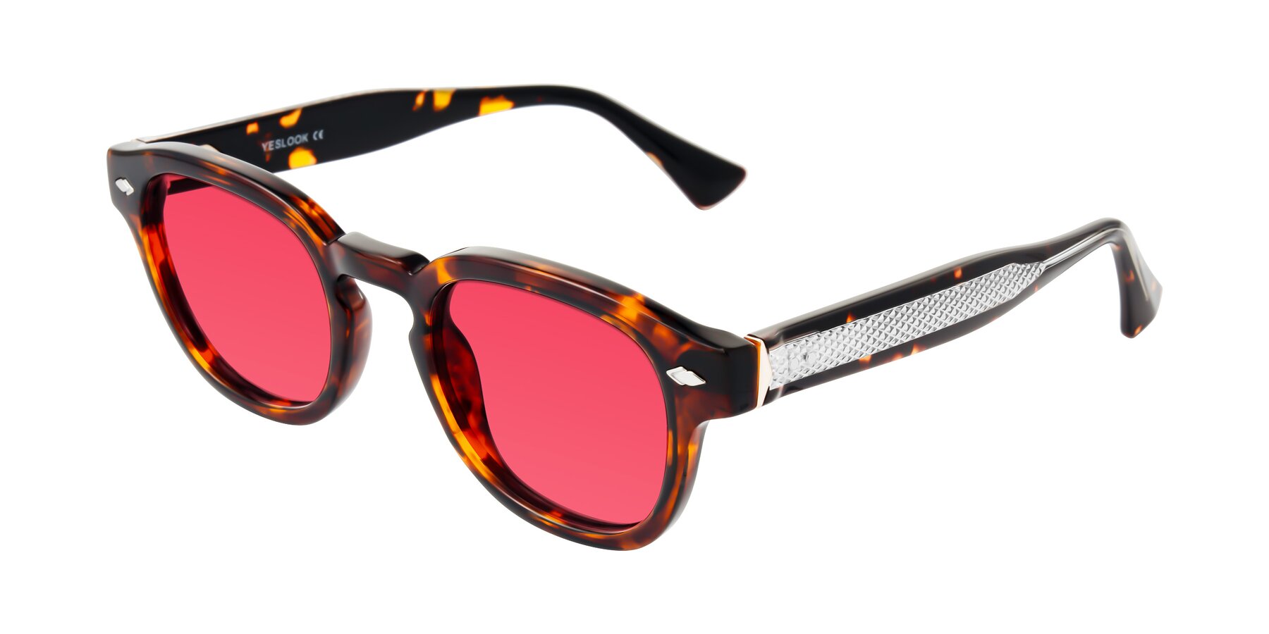Angle of Sunny in Tortoise with Red Tinted Lenses