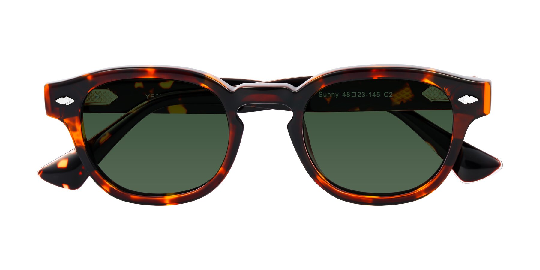 Folded Front of Sunny in Tortoise with Green Tinted Lenses