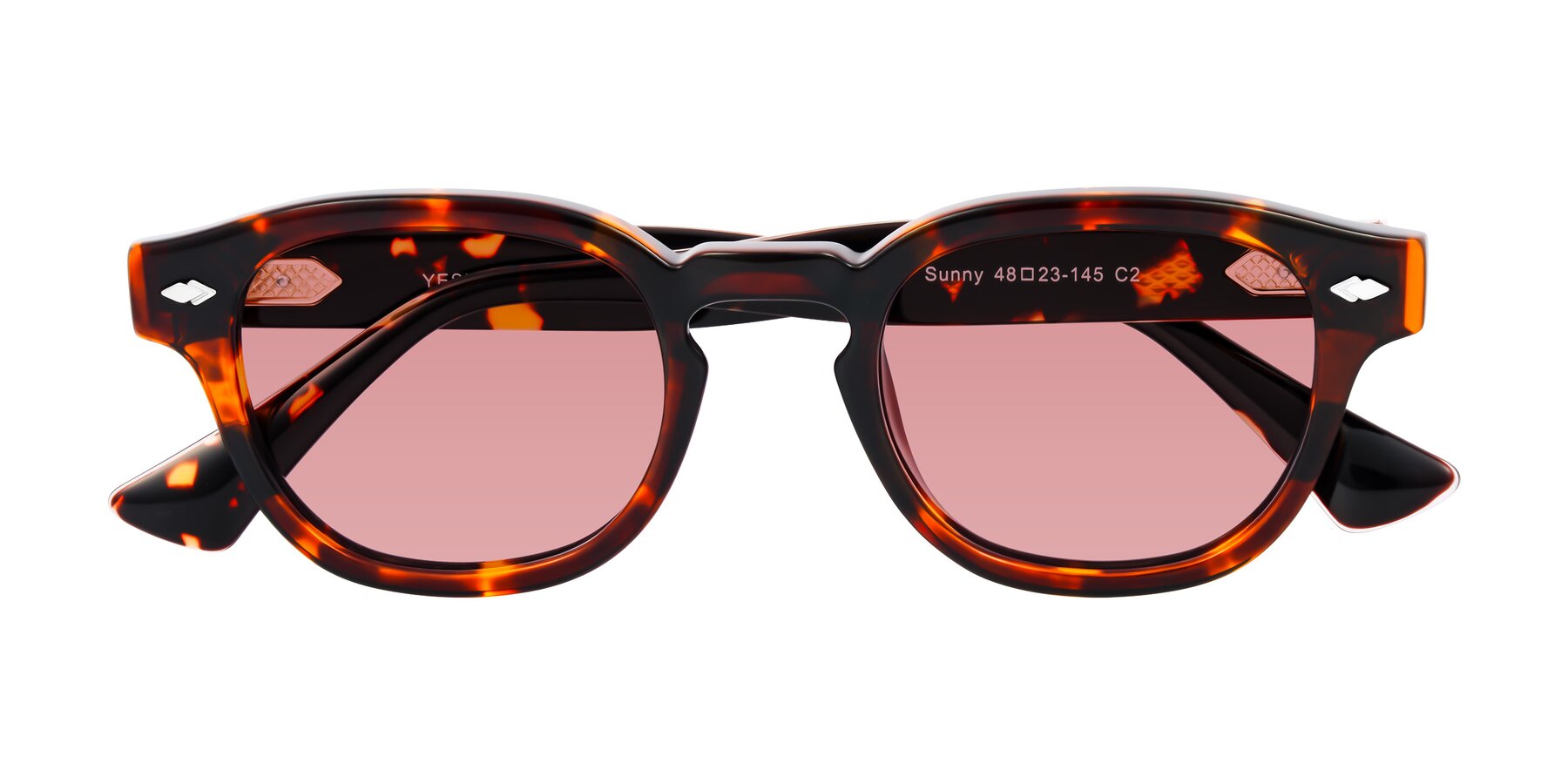 Folded Front of Sunny in Tortoise with Medium Garnet Tinted Lenses