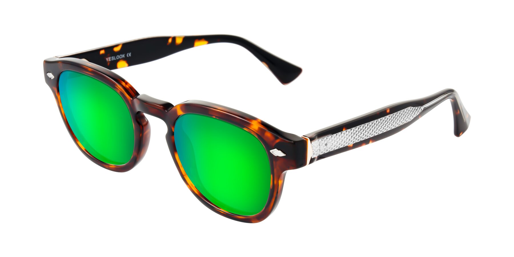 Angle of Sunny in Tortoise with Green Mirrored Lenses