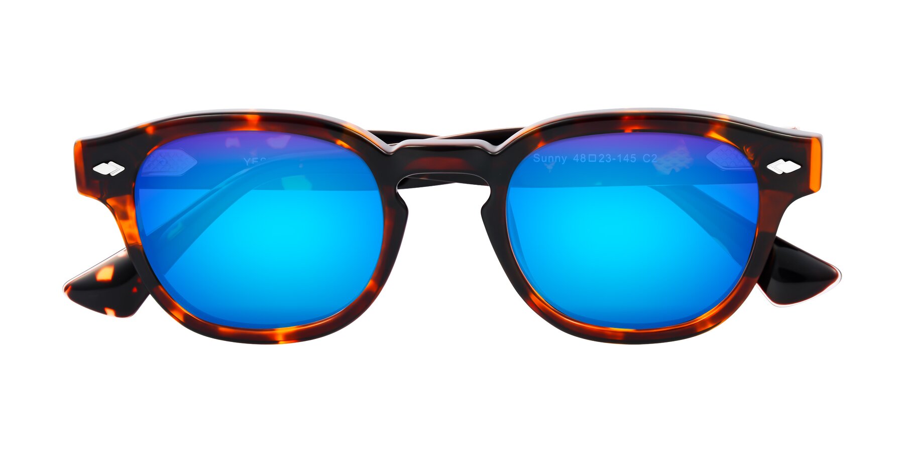 Folded Front of Sunny in Tortoise with Blue Mirrored Lenses