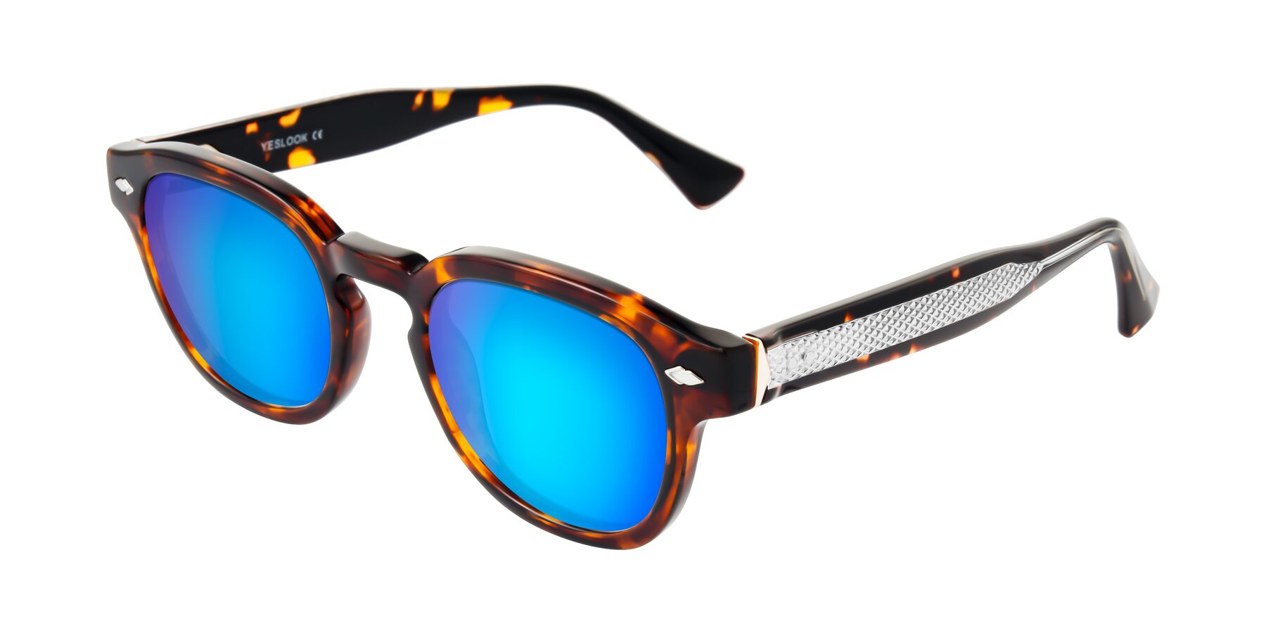 Angle of Sunny in Tortoise with Blue Mirrored Lenses
