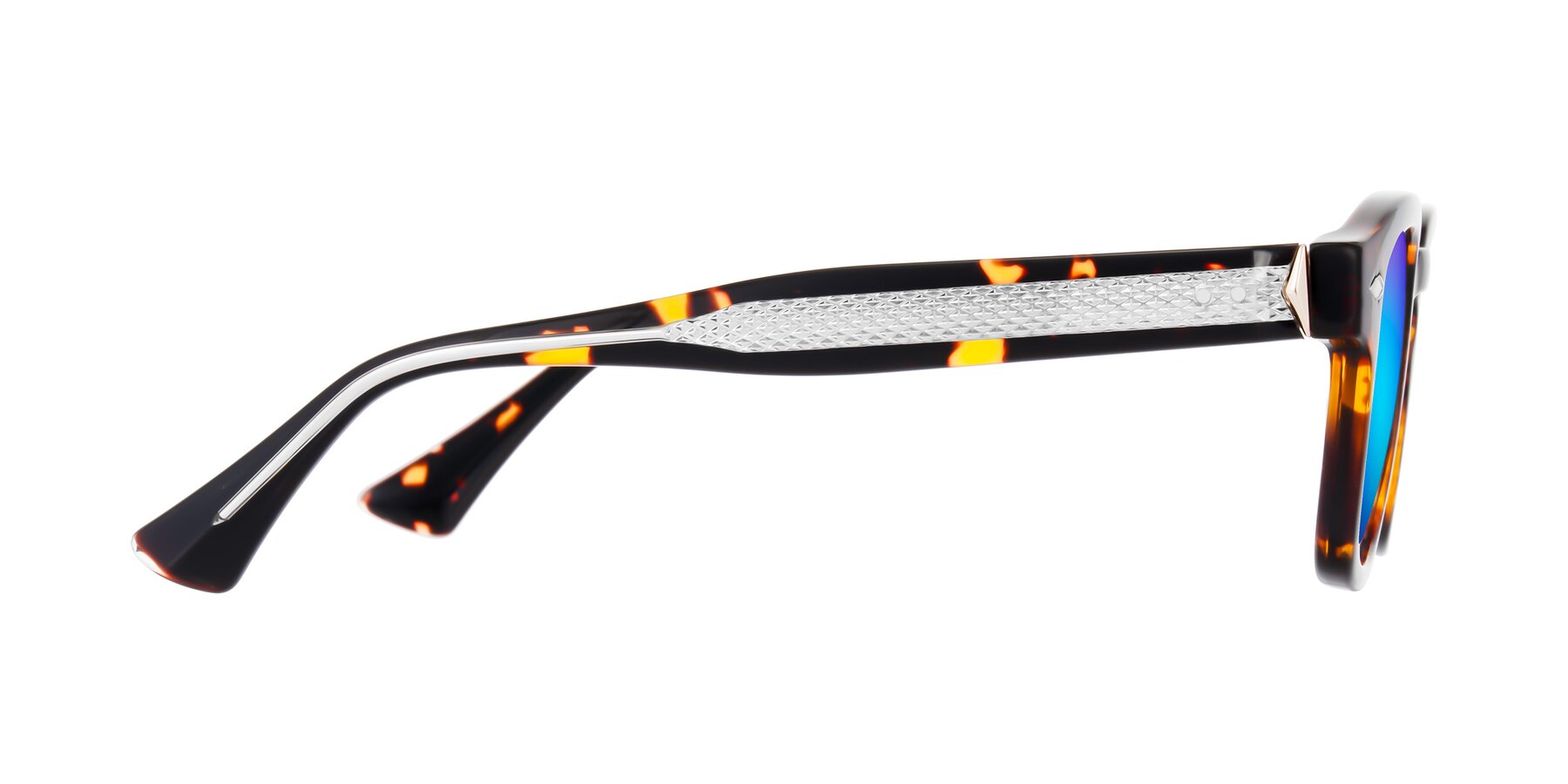 Side of Sunny in Tortoise with Blue Mirrored Lenses
