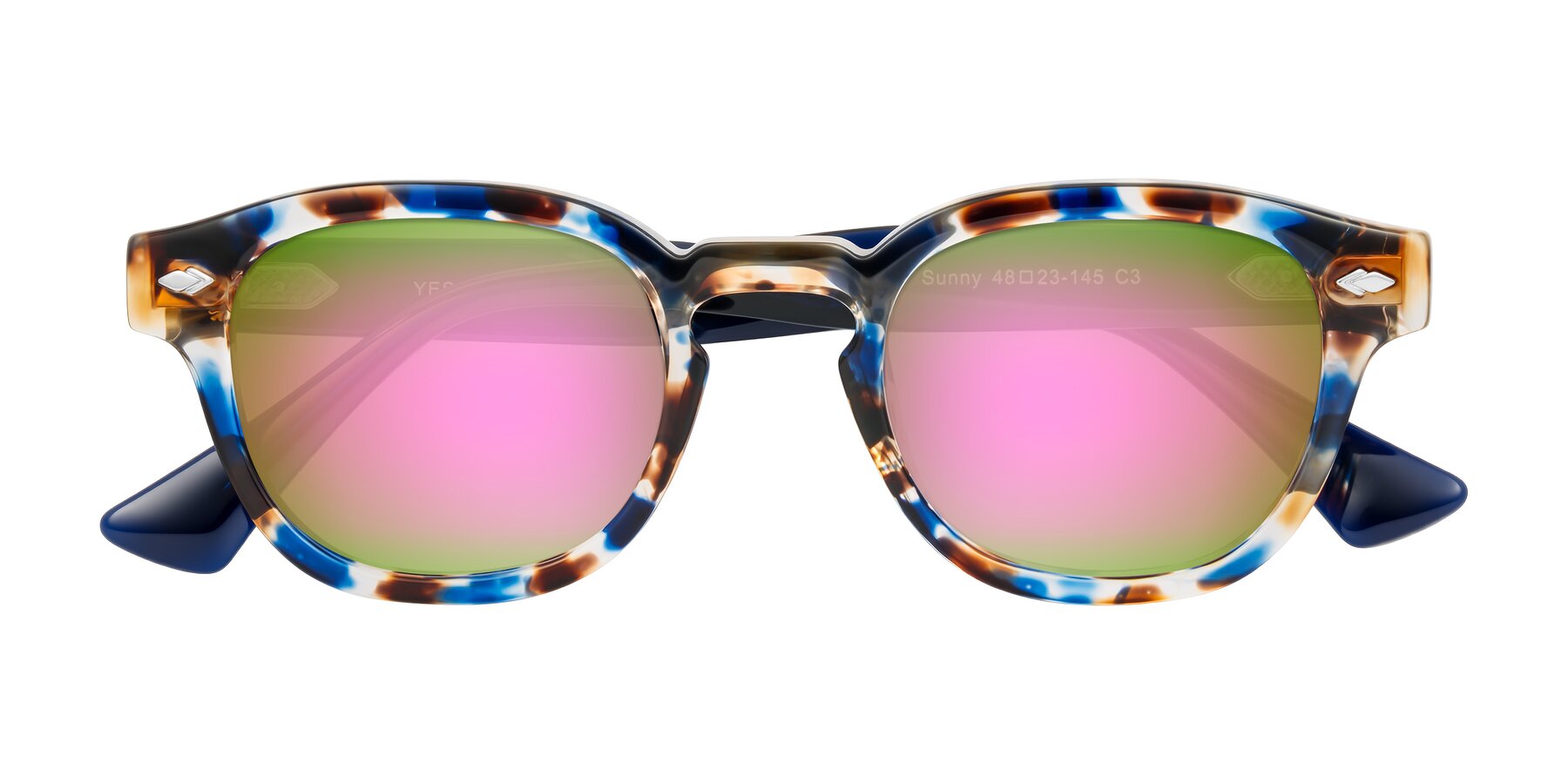 Folded Front of Sunny in Jellyfish Tortoise with Pink Mirrored Lenses