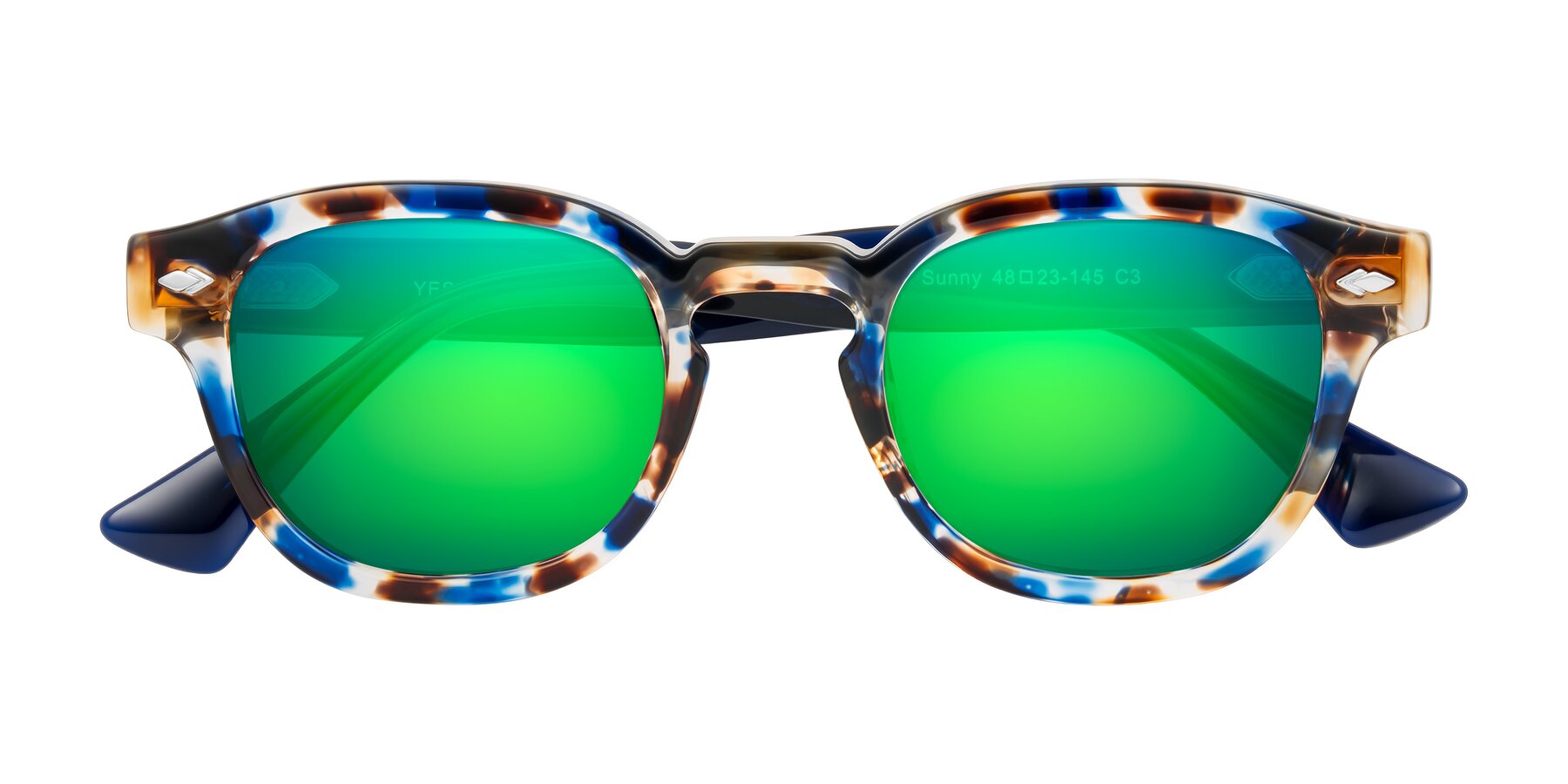 Folded Front of Sunny in Jellyfish Tortoise with Green Mirrored Lenses