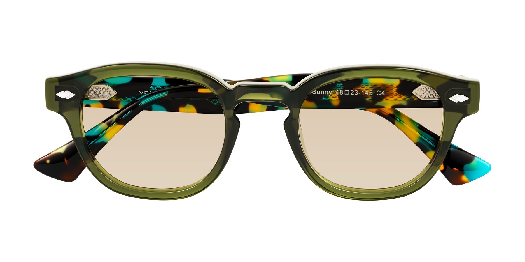 Folded Front of Sunny in Green with Light Brown Tinted Lenses