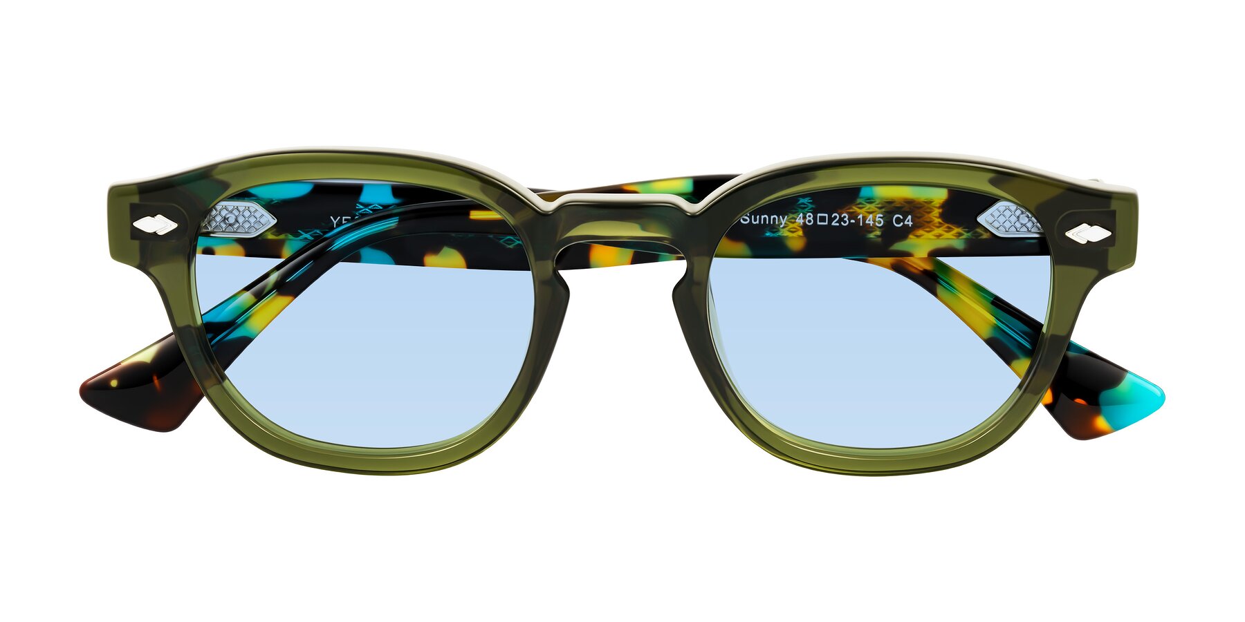 Folded Front of Sunny in Green with Light Blue Tinted Lenses