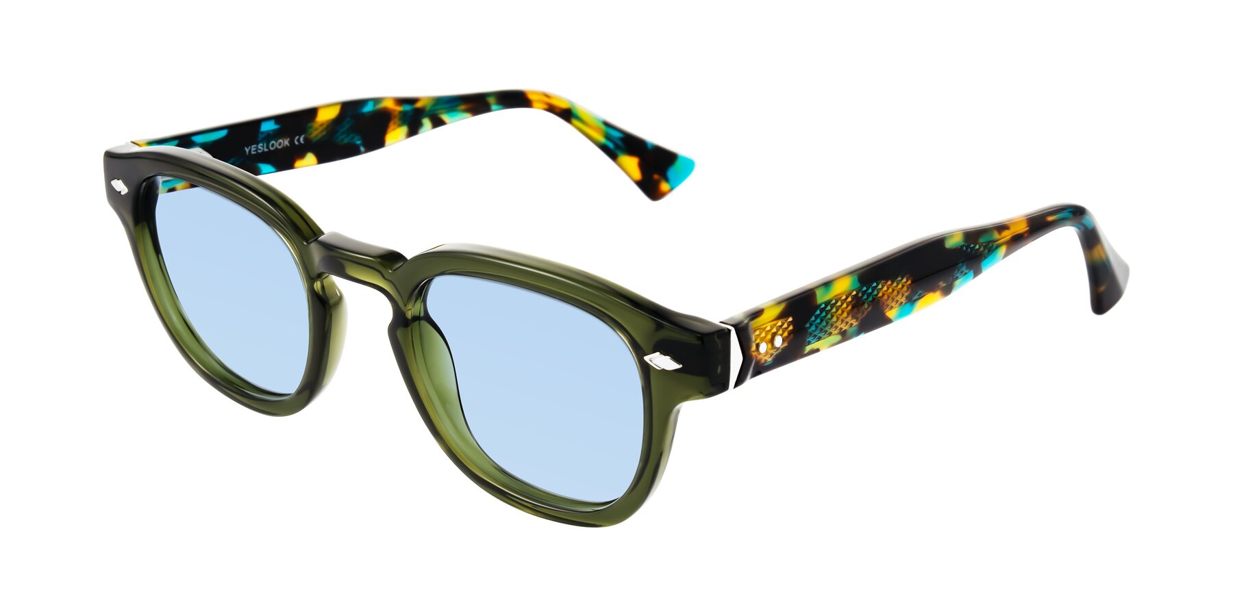 Angle of Sunny in Green with Light Blue Tinted Lenses